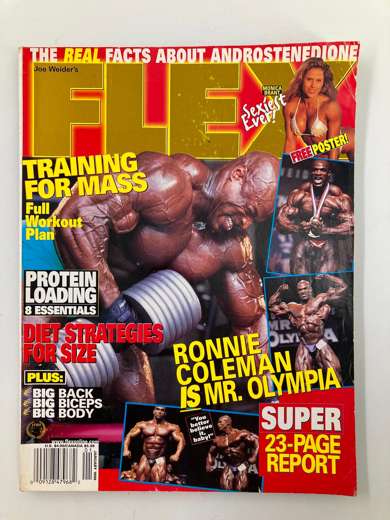 Joe Weider's Flex Magazine January 1999 featuring Ronnie Coleman on the cover, showcasing images of bodybuilding training techniques and articles on nutrition.