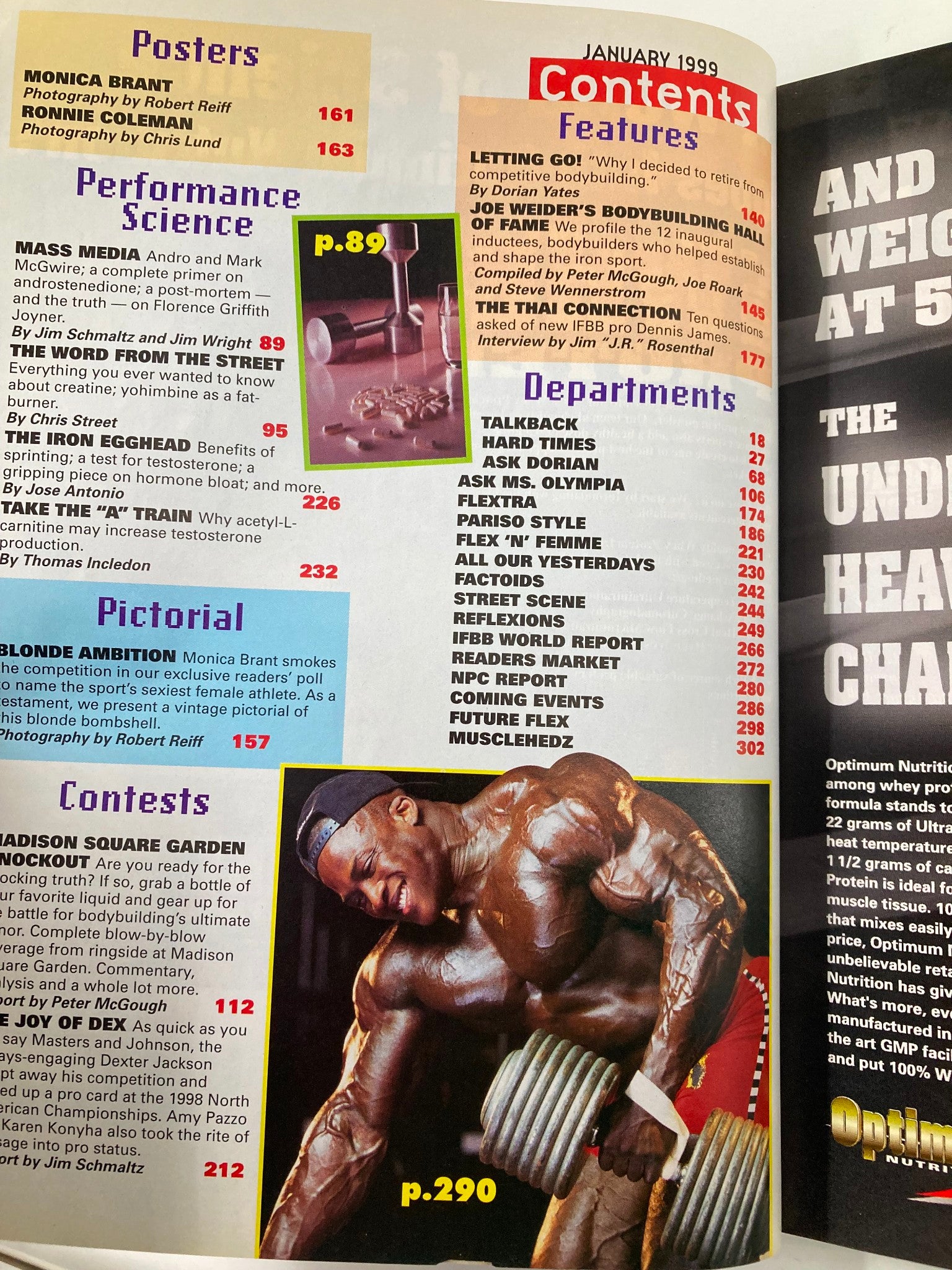 Contents page of Joe Weider's Flex Magazine January 1999, featuring key articles on bodybuilding science and performances, including Ronnie Coleman.