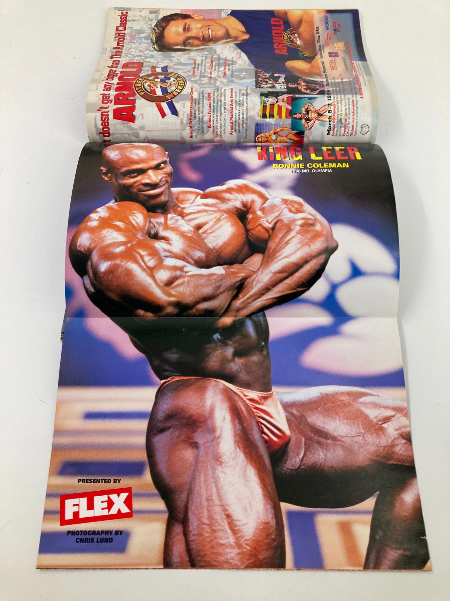 Interior view of Joe Weider's Flex Magazine January 1999 featuring Ronnie Coleman as Mr. Olympia with an iconic image highlighting his muscular physique. This collectible magazine displays the artistry of fitness photography.