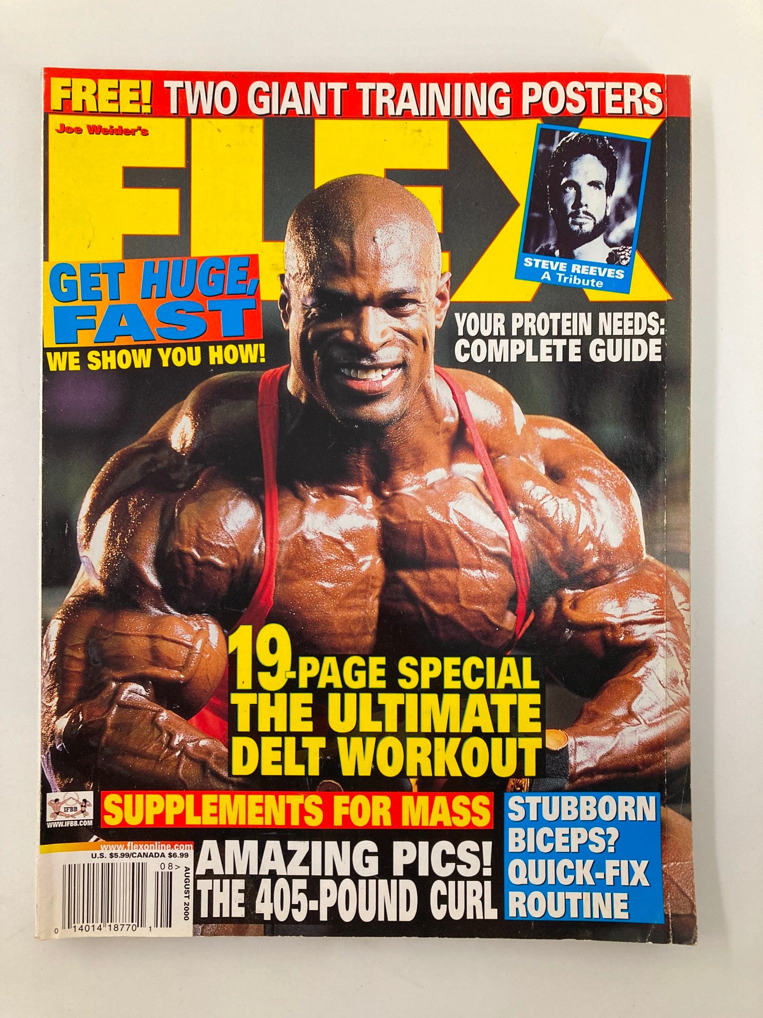 Joe Weider's Flex Magazine August 2000 featuring Ronnie Coleman on the cover with a bold headline "GET HUGE, FAST!" Highlighting training tips, nutrition, and bodybuilding insights.