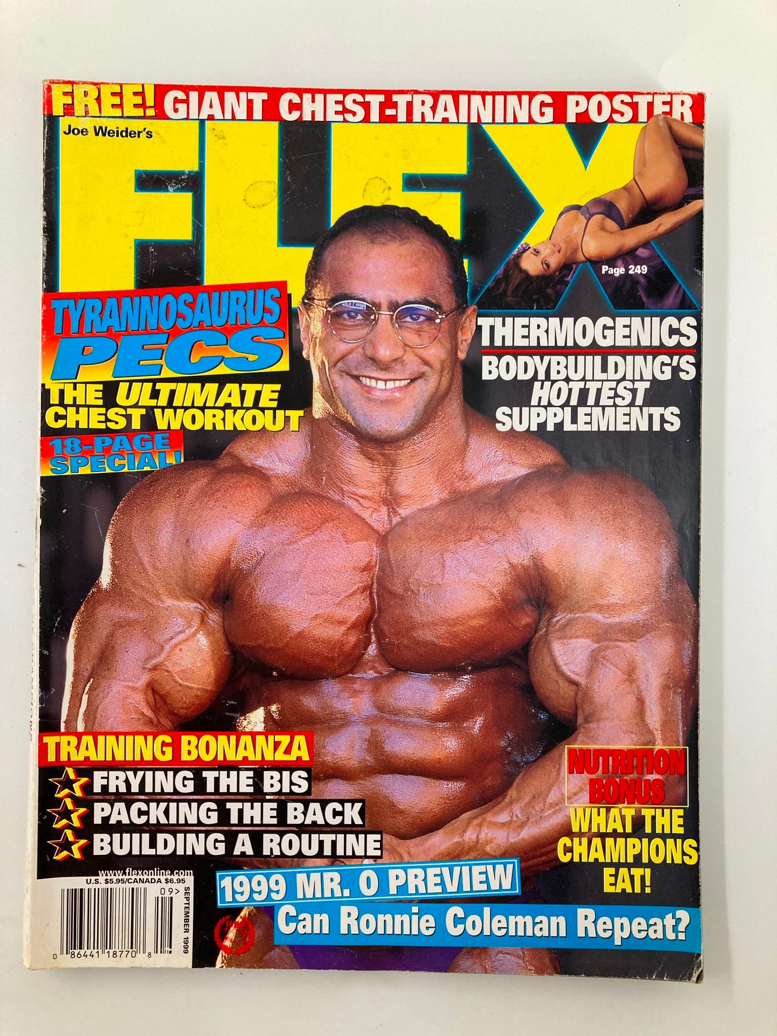 Cover of Joe Weider's Flex Magazine September 1999 featuring Ronnie Coleman posing and asking the question, 'Can Ronnie Coleman Repeat?' with text highlighting training tips and bodybuilding insights.