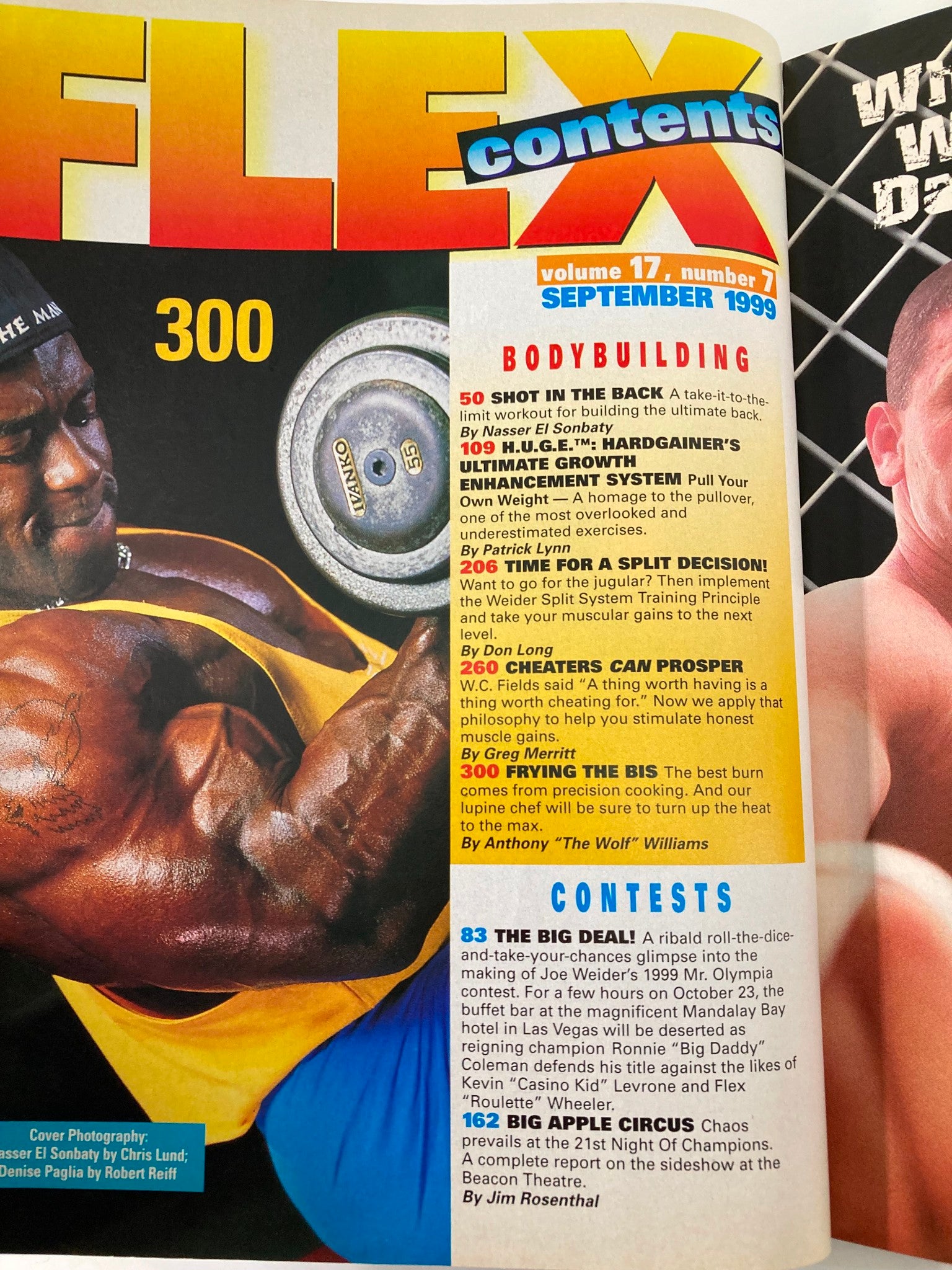 Contents page from Joe Weider's Flex Magazine September 1999 featuring bodybuilding articles, a tribute to Ronnie Coleman, and workout techniques, showcasing the essence of fitness culture in the late 90s.