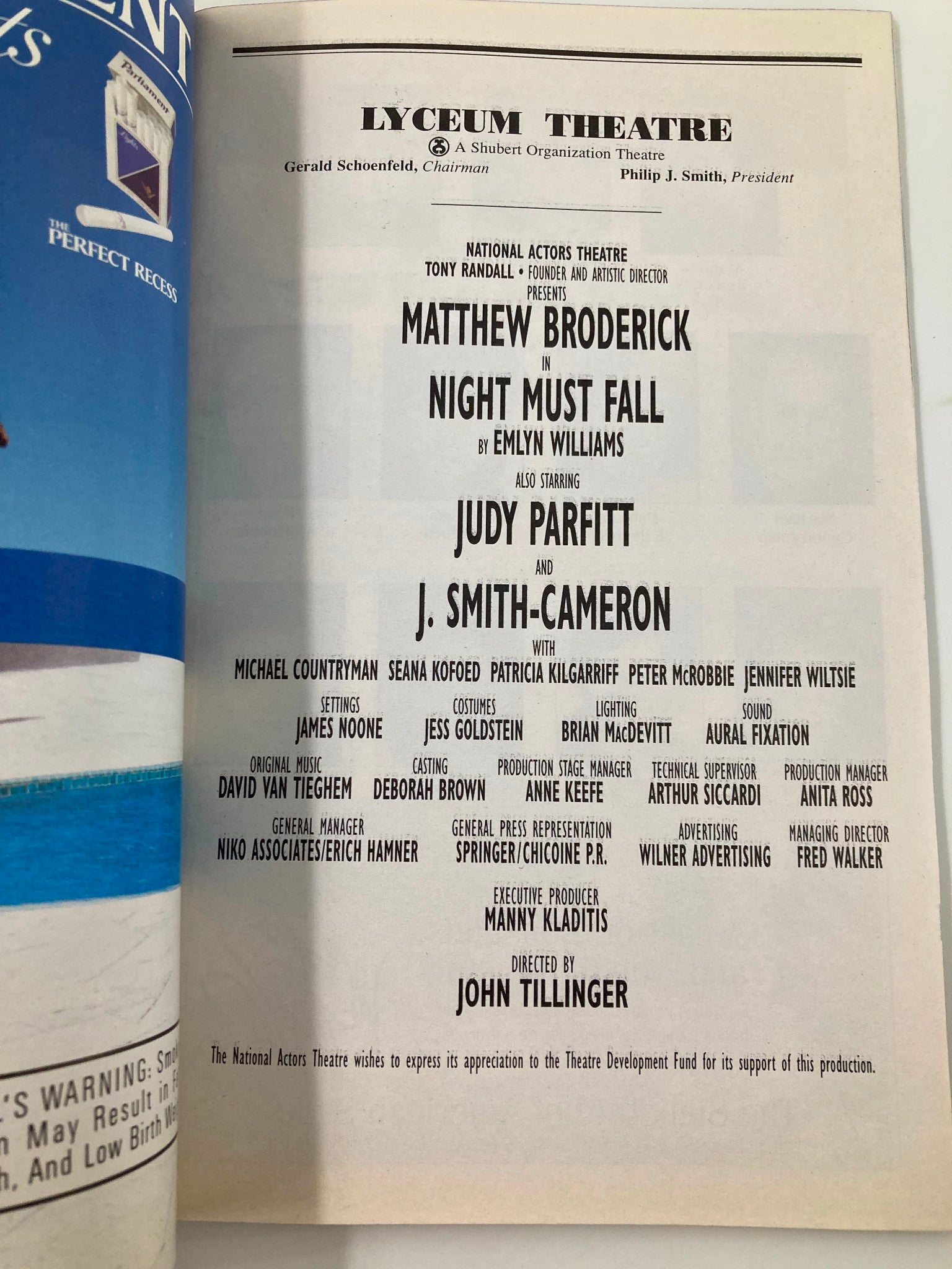 1999 Playbill Lyceum Theatre Night Must Fall Judy Parfitt, J. Smith-Cameron