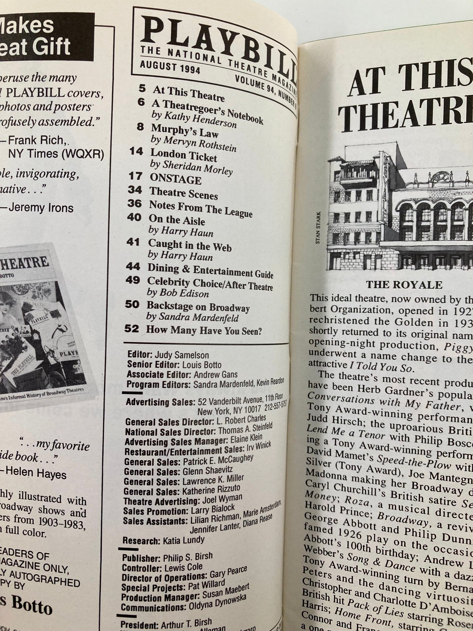 1994 Playbill Royale Theatre An Inspector Calls Jane Adams, Aden Gillett