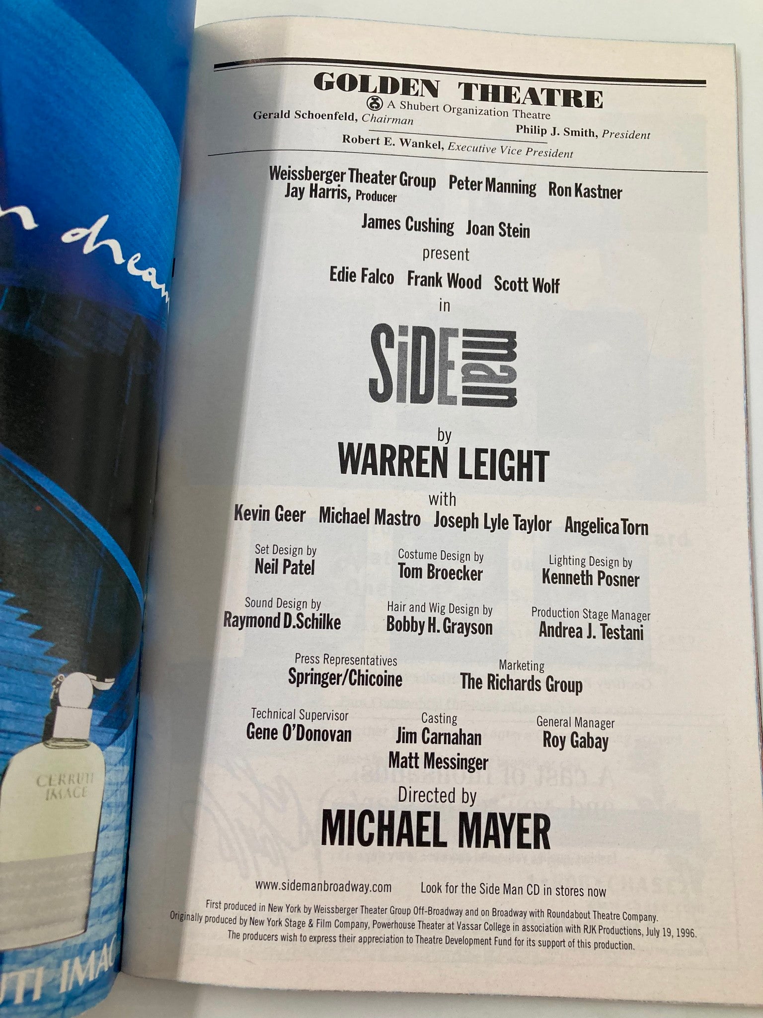 1999 Playbill Golden Theatre Side Man Edie Falco, Frank Wood, Scott Wolf