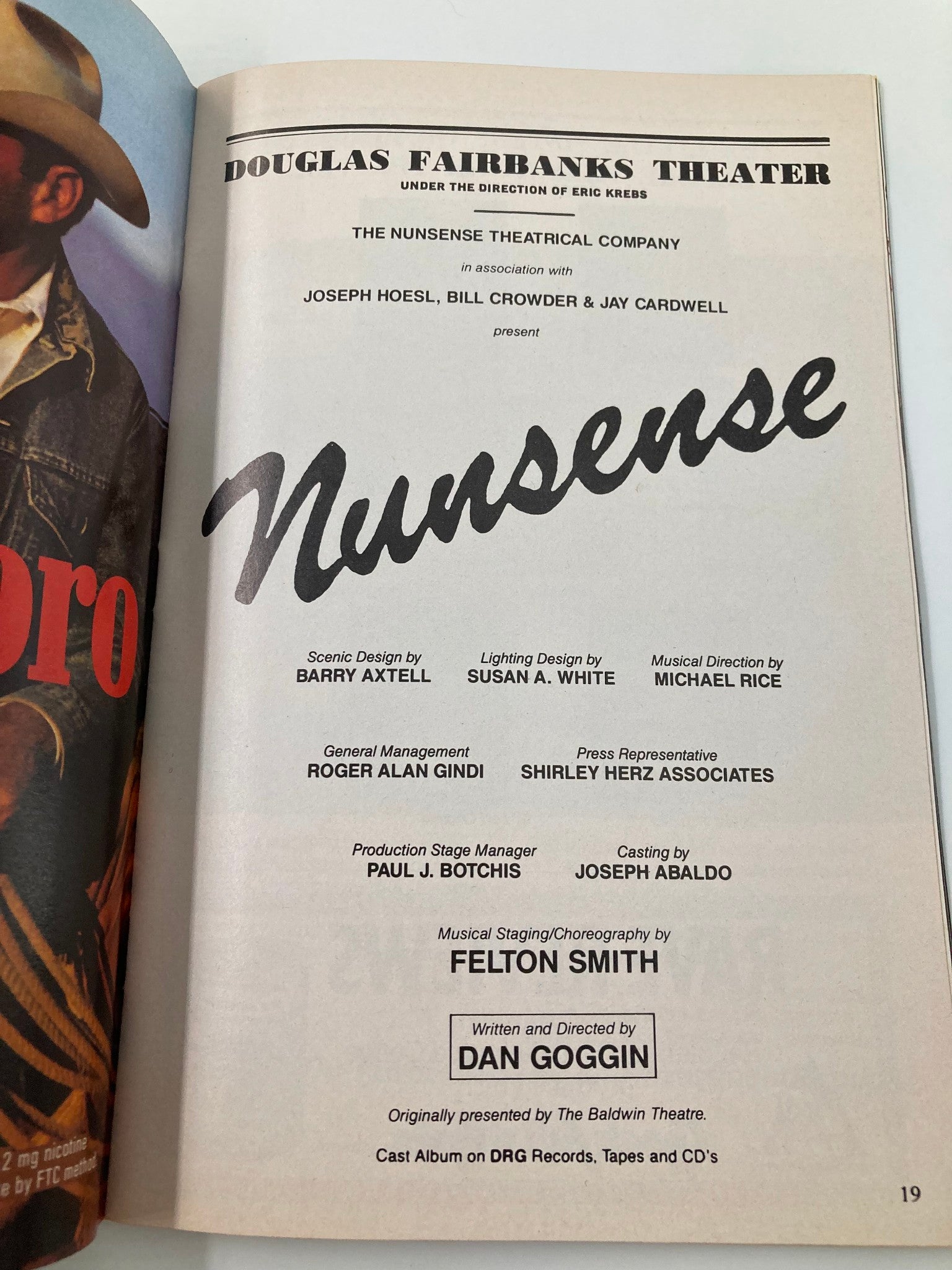 1991 Playbill Douglas Fairbanks Theater Nunsense Directed by Dan Goggin