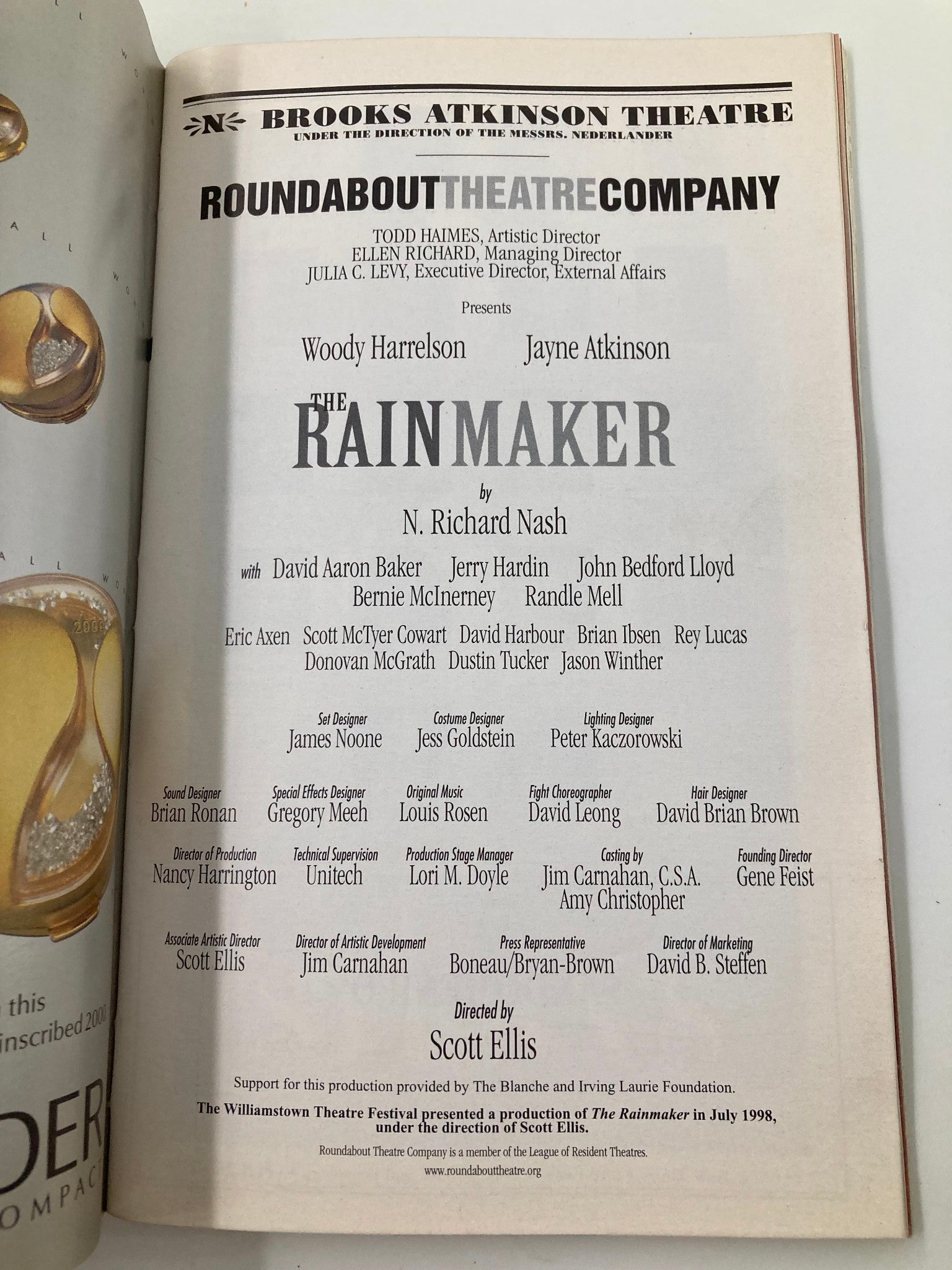 1999 Playbill Brooks Atkinson Theatre The Rain Maker Woody Harrelson Randle Mell