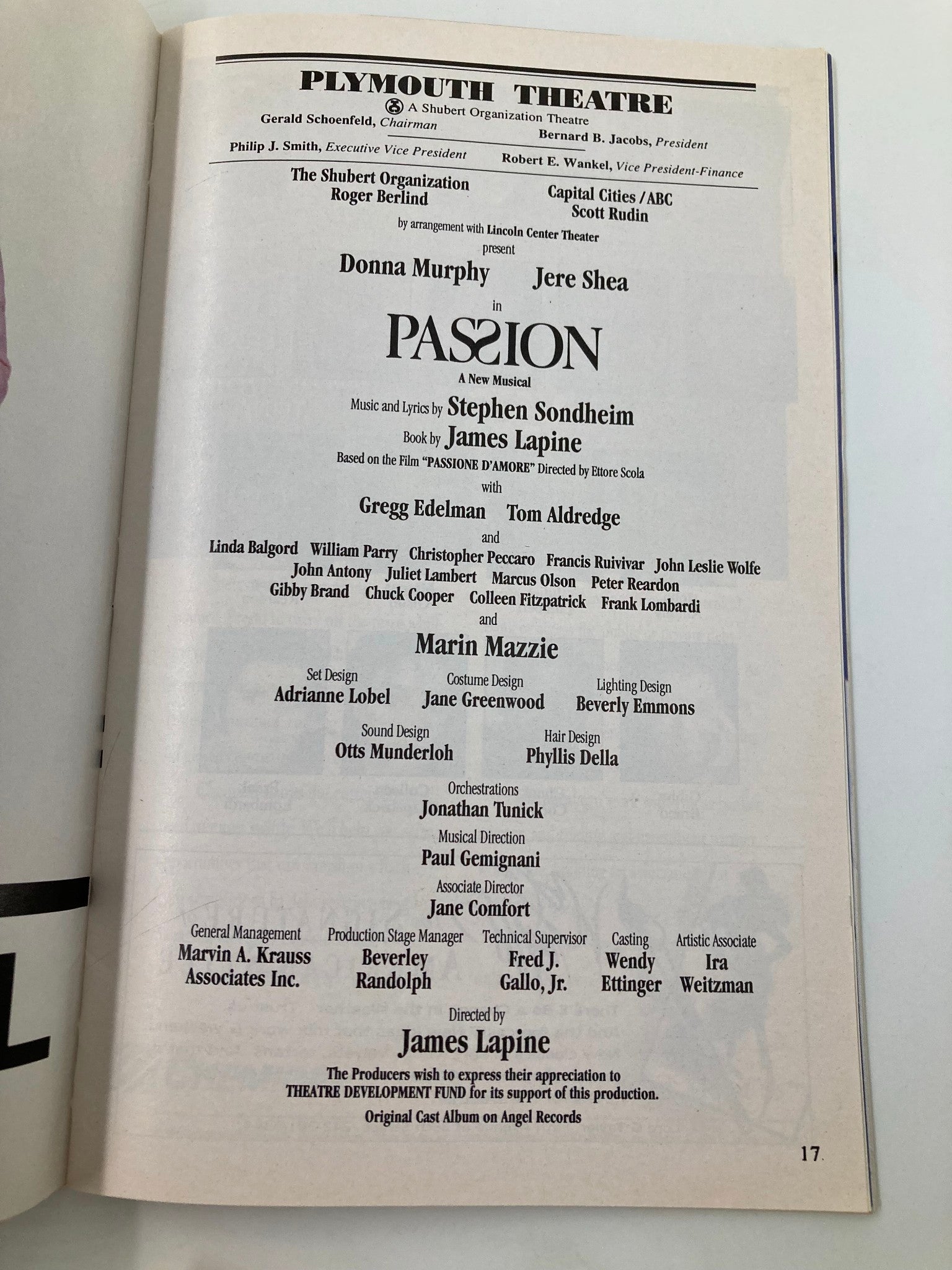 1994 Playbill Plymouth Theatre Donna Murphy, Jere Shea in Passion A New Musical