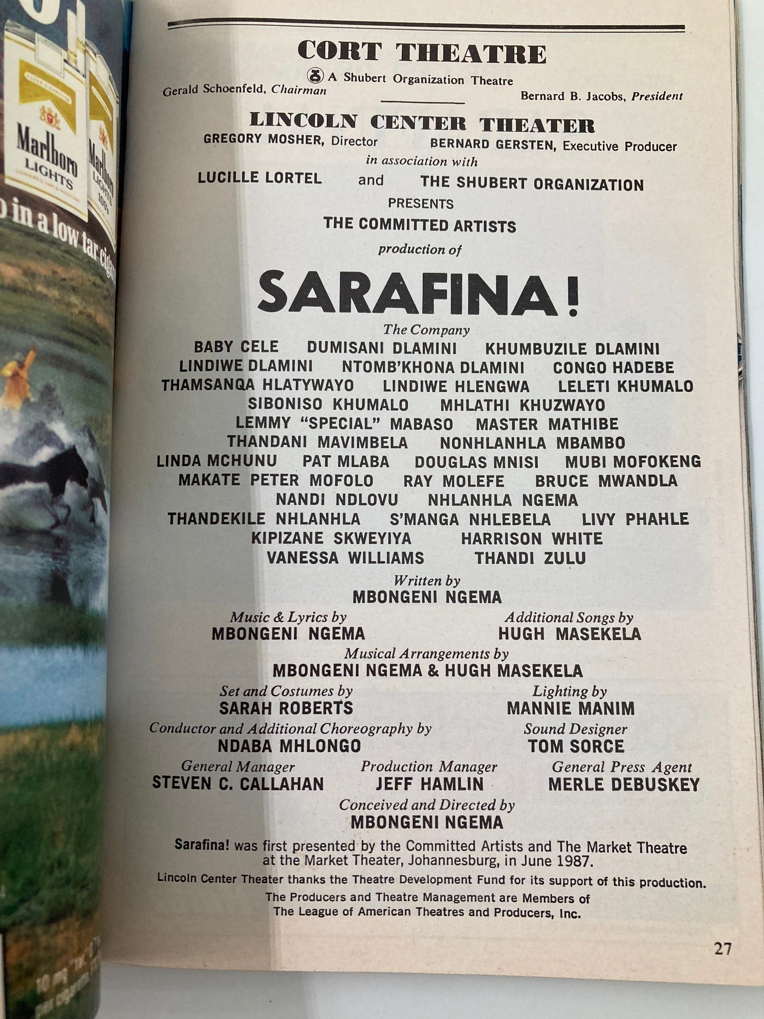 1989 Playbill Cort Theatre Sarafina! Baby Cele, Dumisani Dlamini, Congo Hadebe