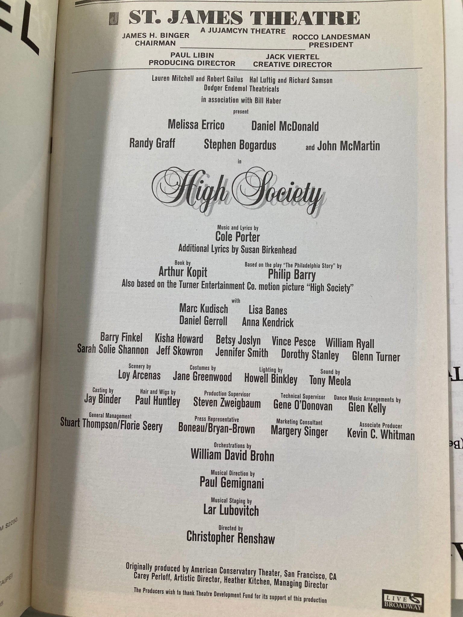 1998 Playbill St. James Theatre High Society Melissa Erico, Daniel McDonald