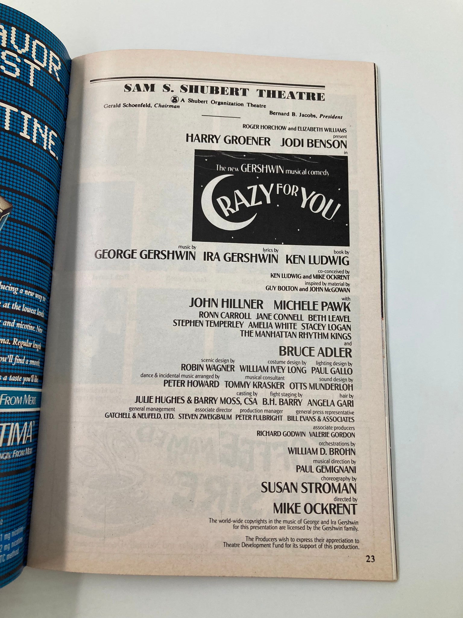 1992 Playbill Sam S. Shubert Theatre Crazy for You Harry Groener, Jodi Benson