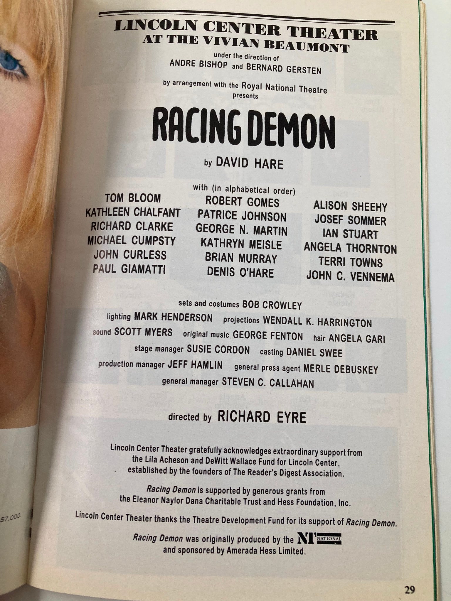 1995 Playbill Lincoln Center Theater Racing Demon Tom Bloom, Robert Gomes