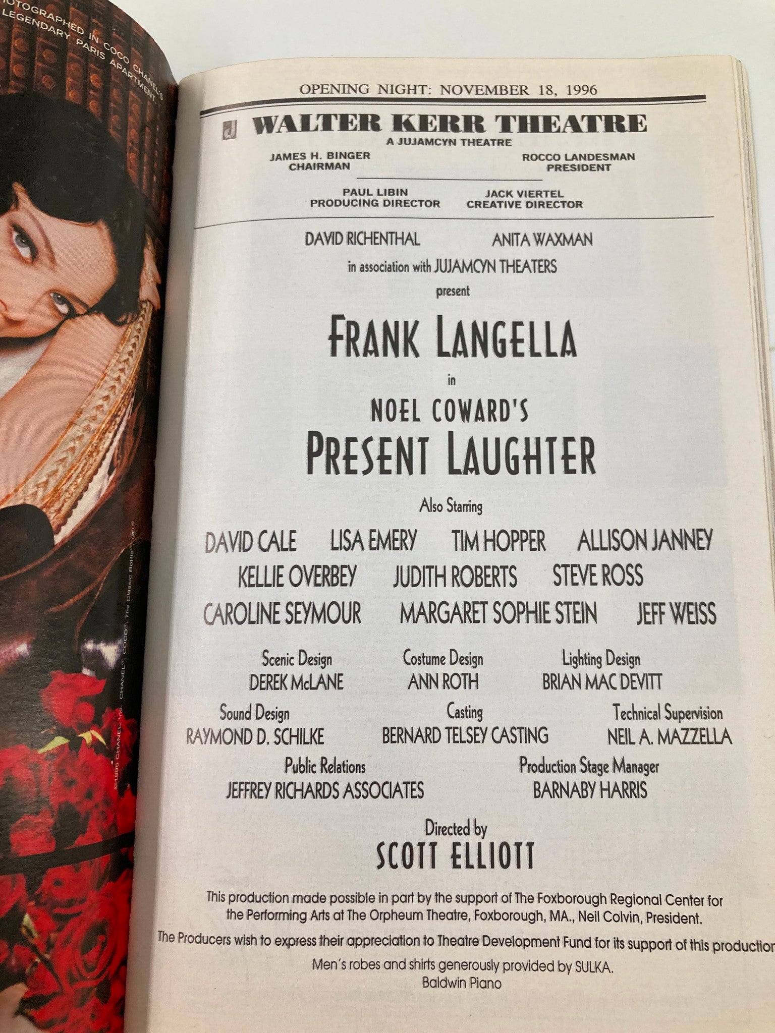 1996 Playbill Walter Kerr Theatre Present Laughter Frank Langella, David Cale