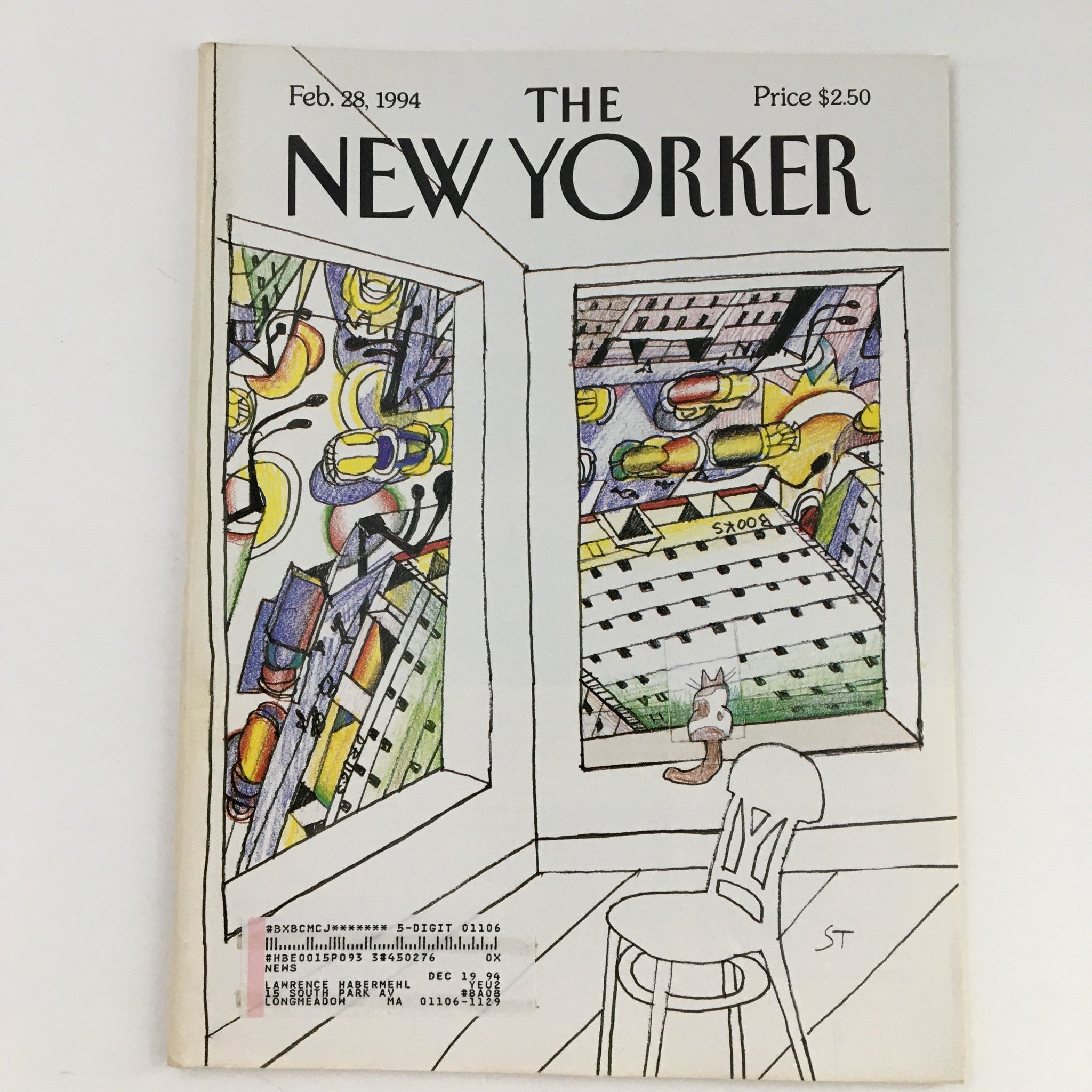 Cover of The New Yorker magazine from February 28, 1994, featuring a theme cover by Saul Steinberg, showcasing a colorful urban scene through windows with artistic illustrations.