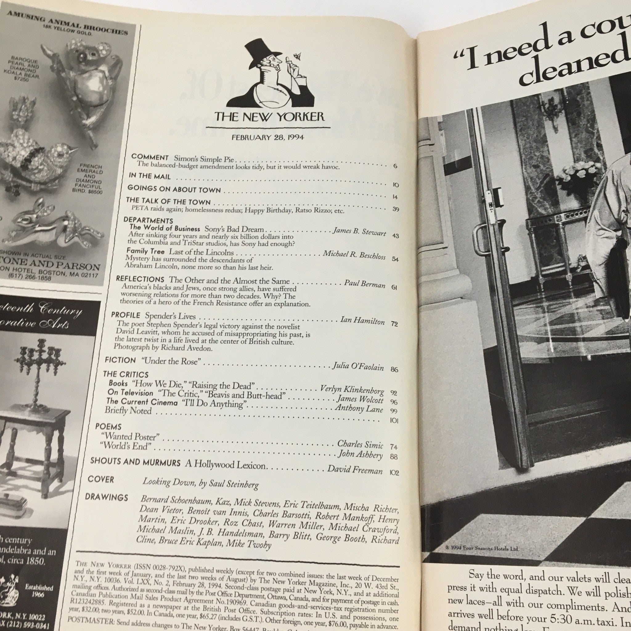 Interior page of The New Yorker magazine from February 28, 1994, featuring the cover theme 'Looking Down' by Saul Steinberg, showcasing the index and article listings.