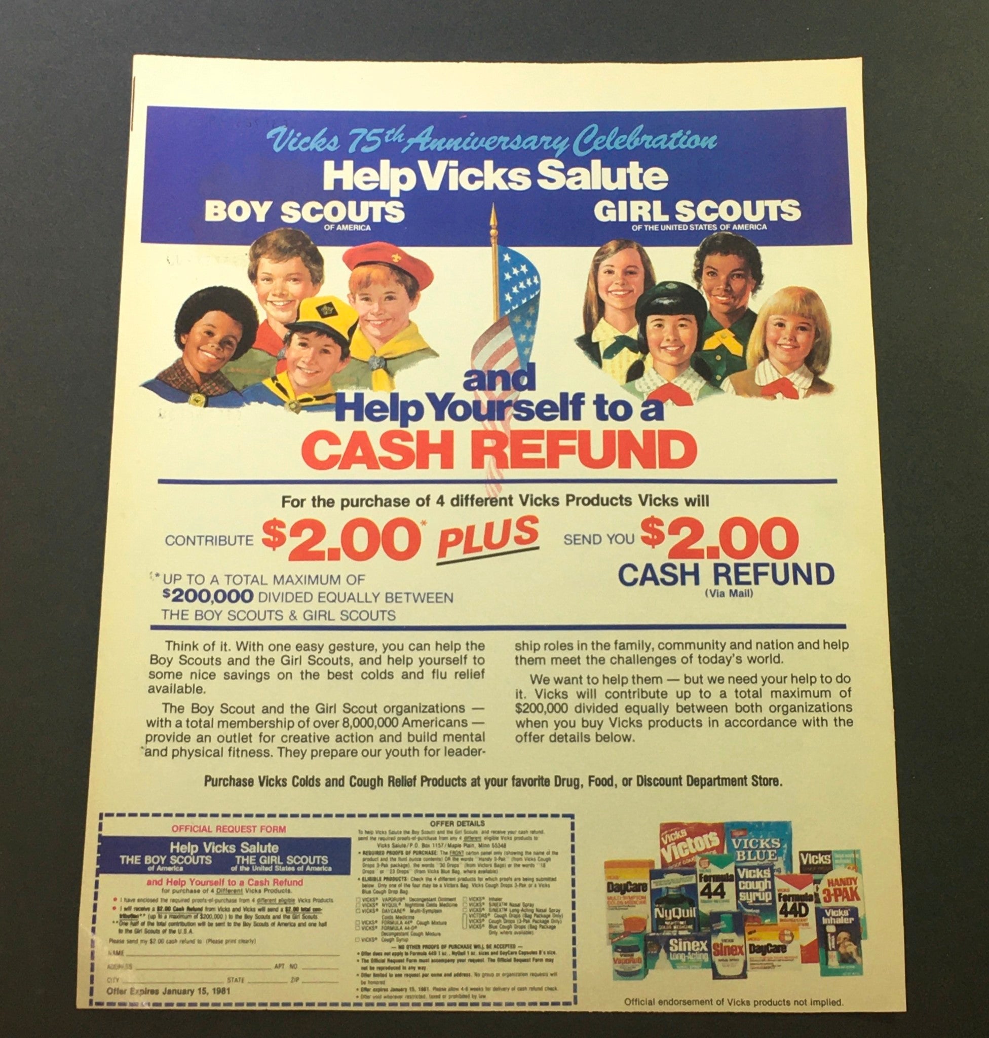 VTG 1981 Vicks Cold & Relief Cough Products Salute Boy & Girl Scouts Ad Coupon