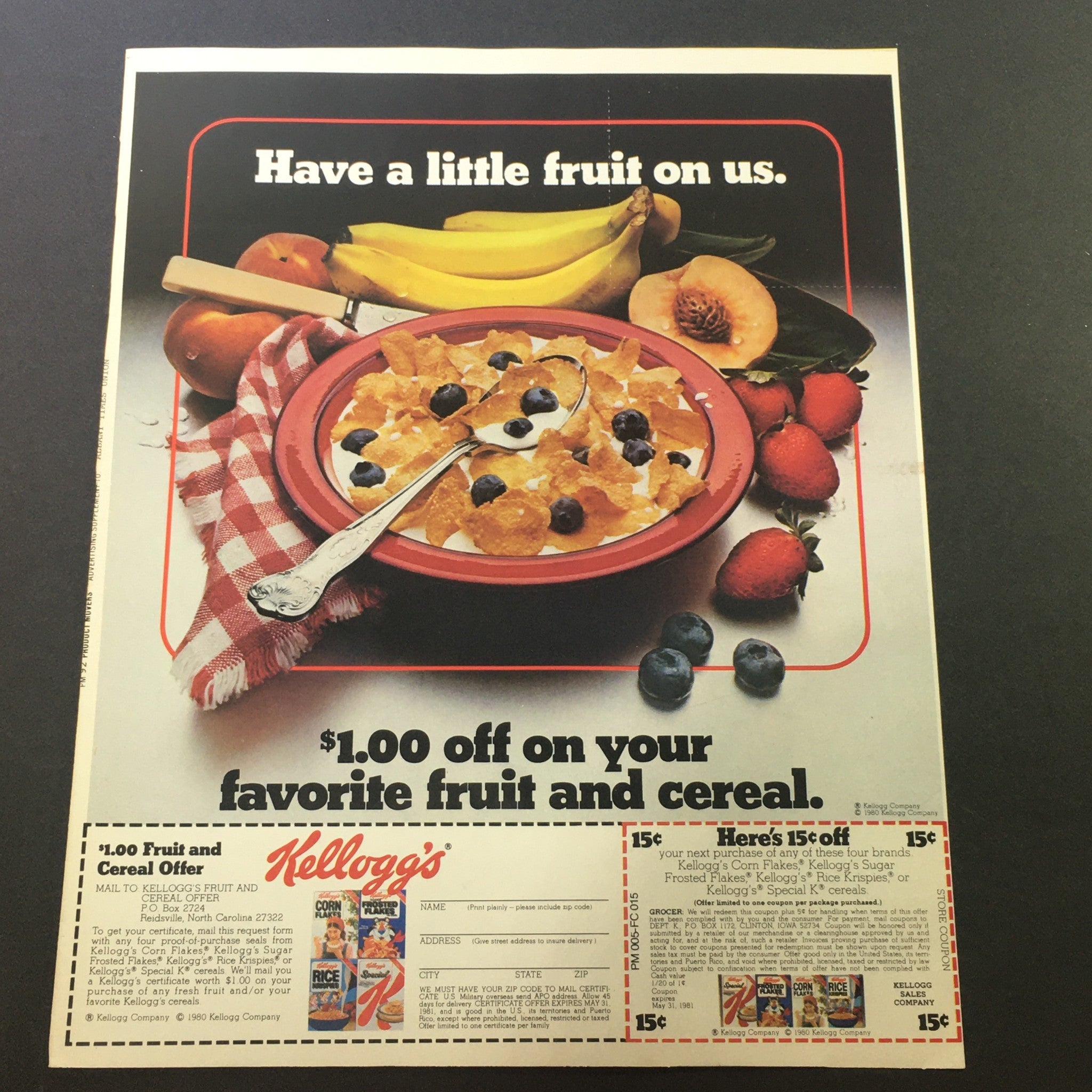 VTG 1981 Kellogg's Corn Flakes, Sugar Frosted Flakes Fruit & Cereal Offer Coupon