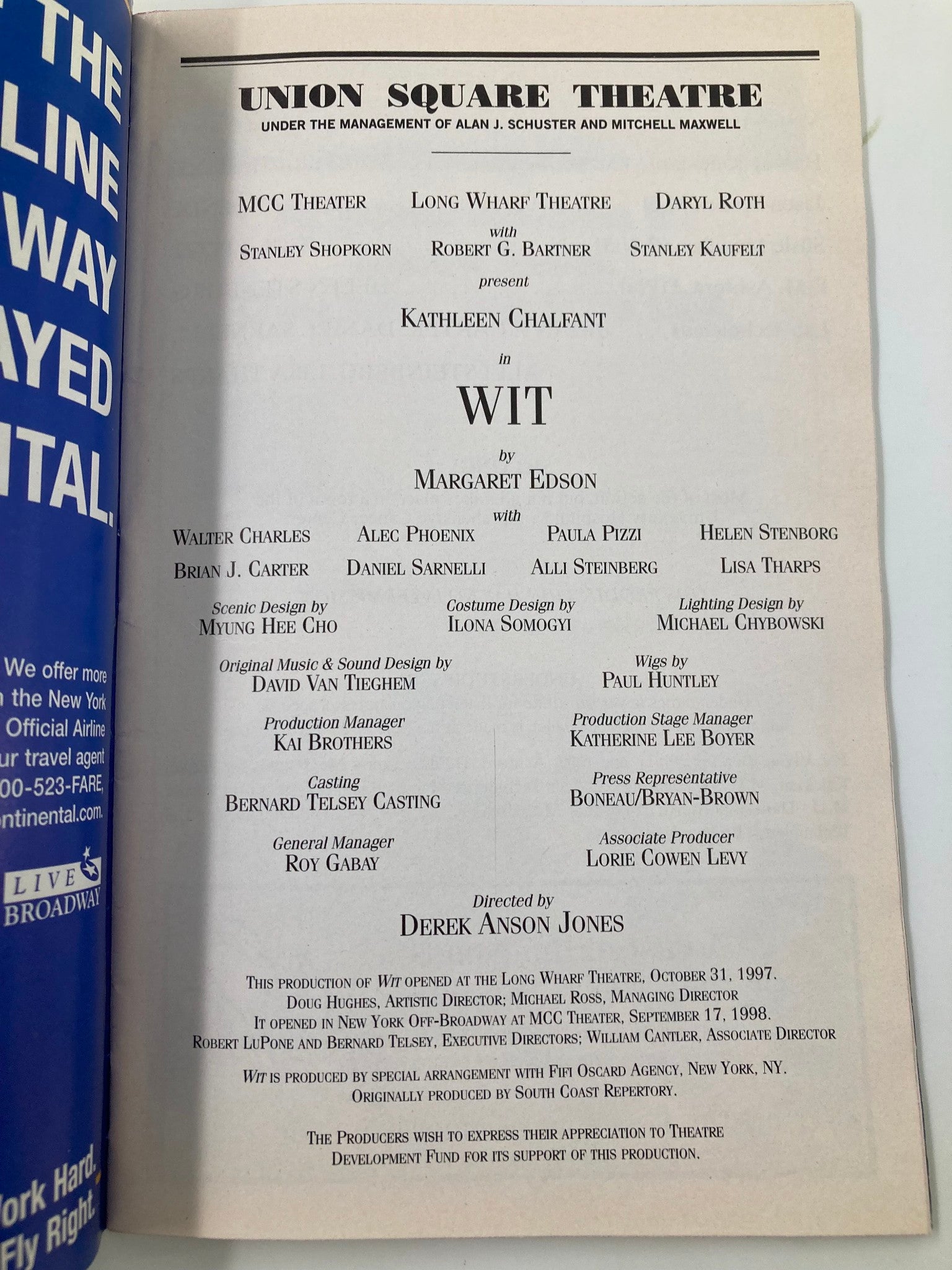 1999 Playbill Union Square Theatre Wit Kathleen Chalfant, Walter Charles