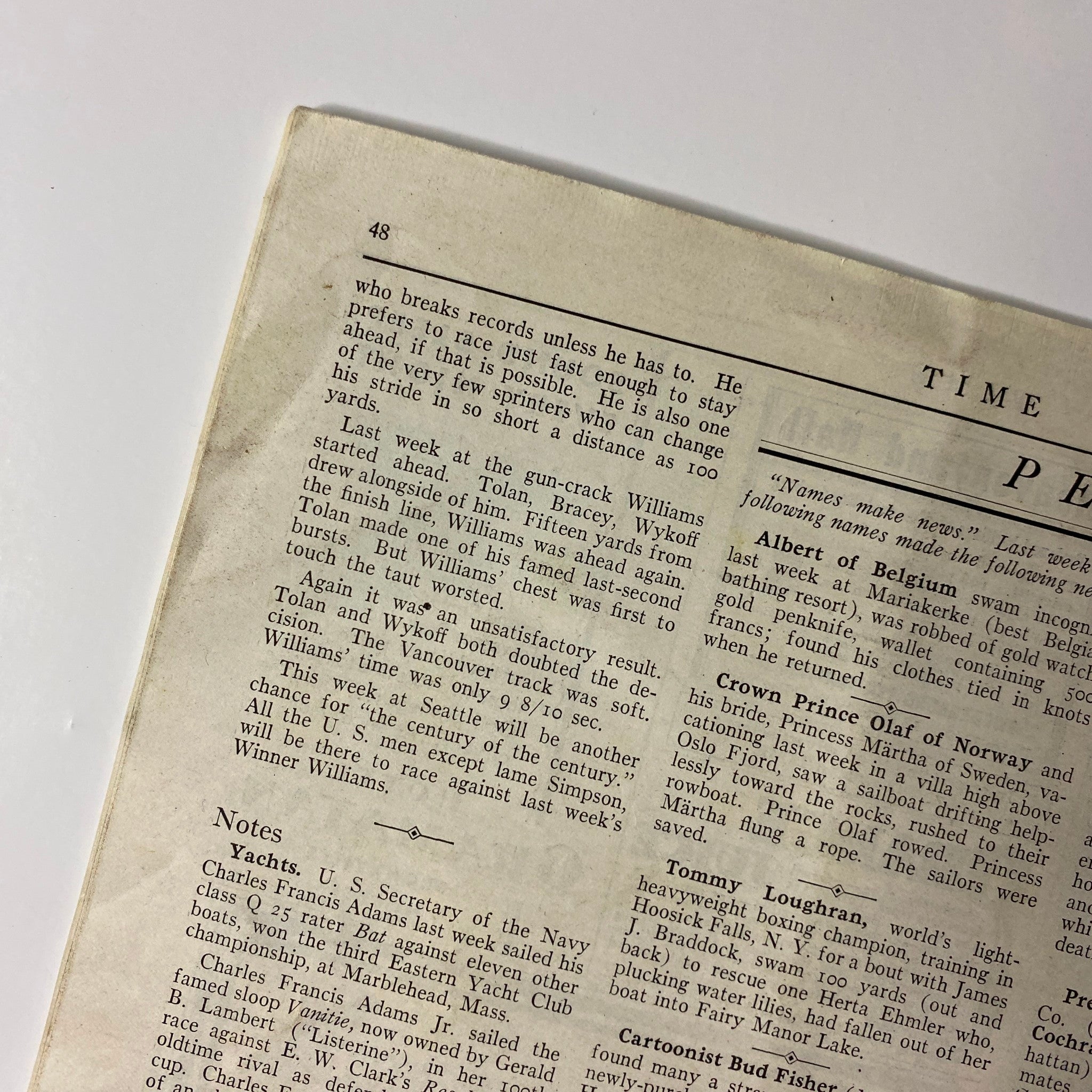 Close-up of a page from Time Magazine July 22, 1929, displaying article notes and topics concerning celebrities and notable personalities, related to Alvan Macauley. The page shows signs of wear.