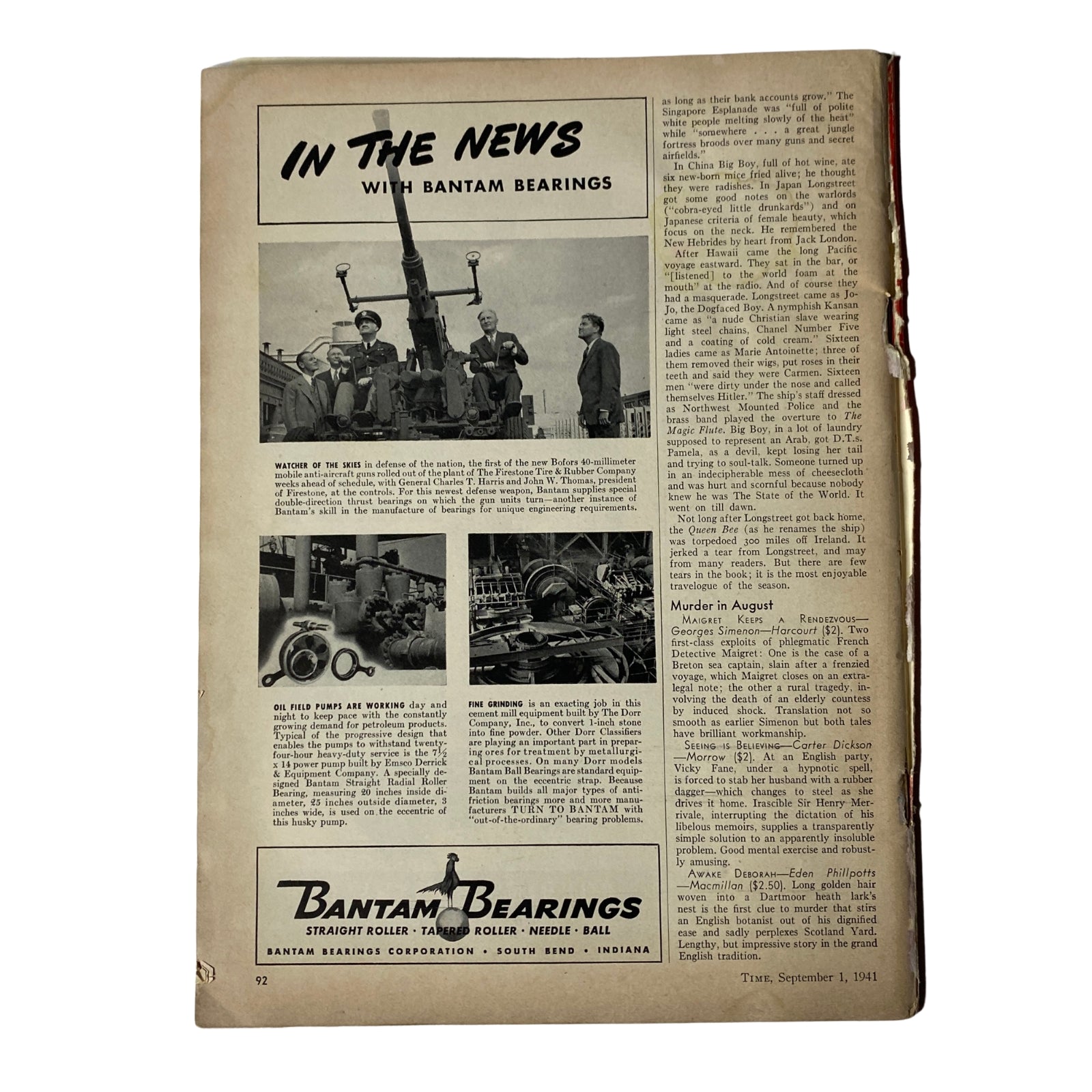 Interior page from Time Magazine September 1, 1941, featuring an article titled 'In the News with Bantam Bearings', showcasing various military and engineering developments relevant to the time.