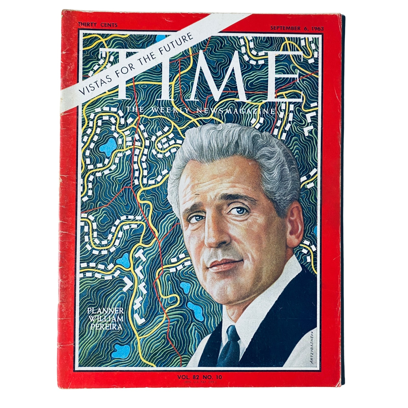 Cover of Time Magazine dated September 6, 1963, Vol. 82, No. 10 featuring architect William L. Pereira, with colorful illustration showcasing futuristic urban planning.