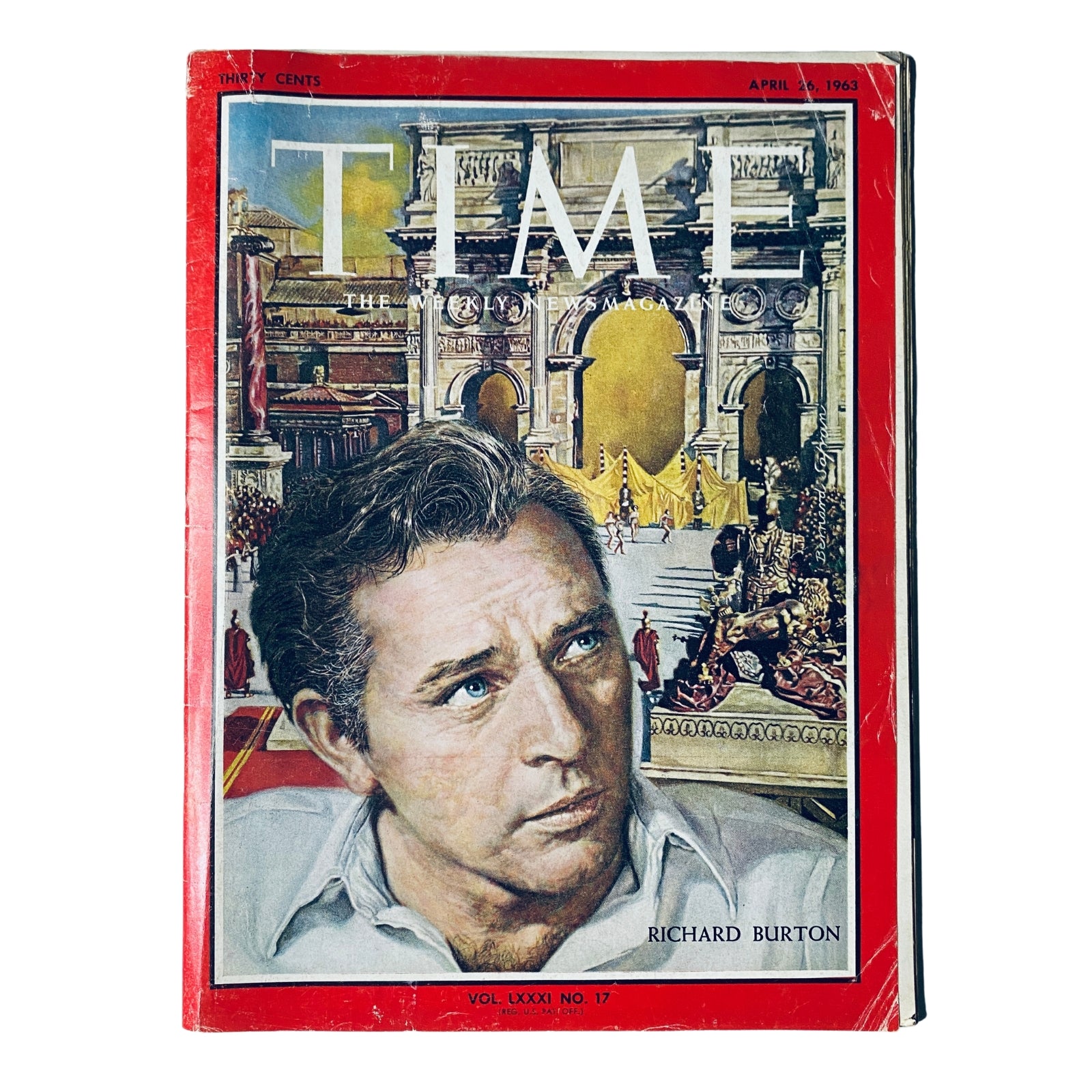Time Magazine April 26, 1963, Vol 81 No. 17 featuring Richard Burton on the cover, showcasing the acclaimed Welsh actor in a prominent pose with a colorful background.