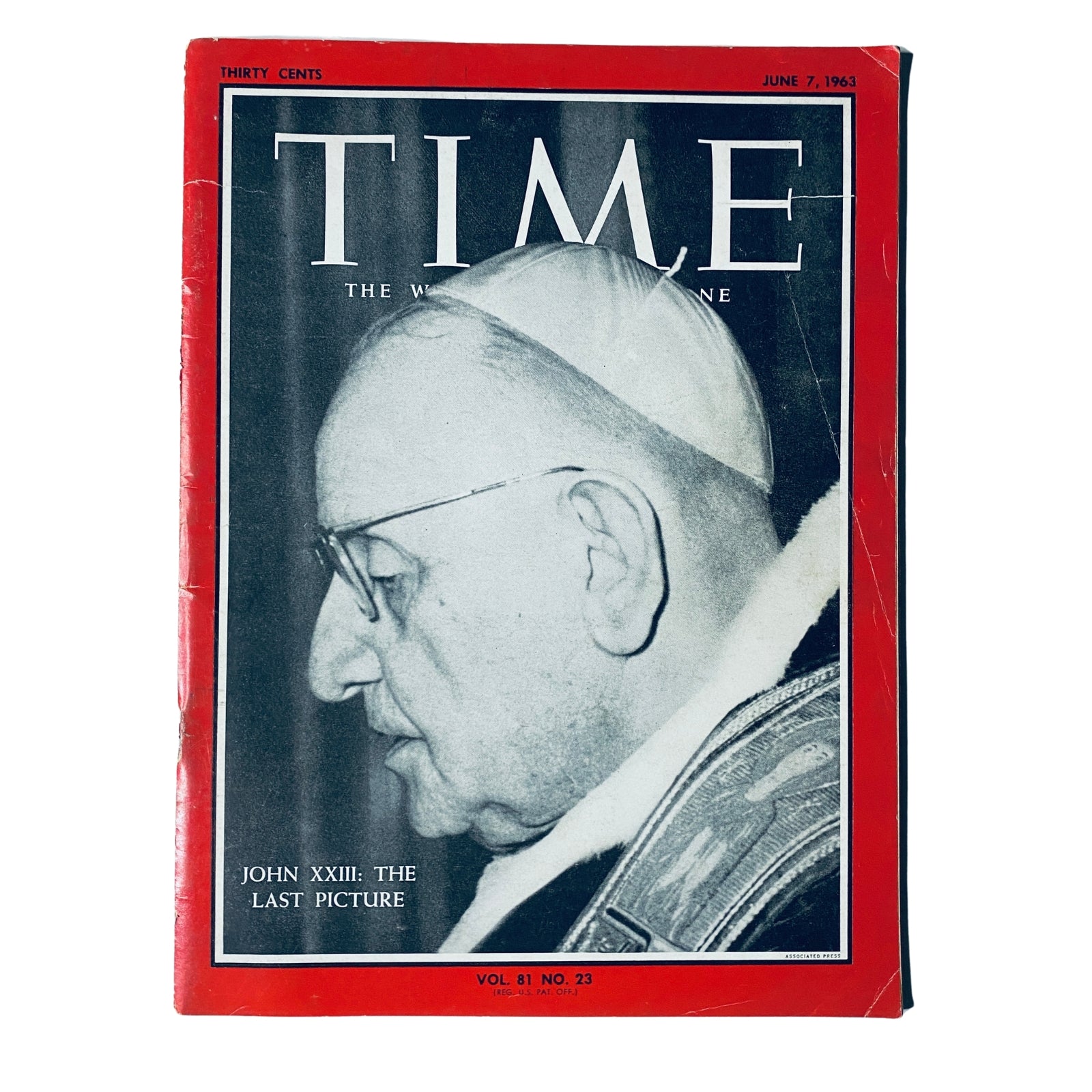Time Magazine cover dated June 7, 1963, featuring Pope John XXIII. The magazine highlights his legacy with the title 'John XXIII: The Last Picture', showcasing a side profile of the Pope, emphasizing his compassionate persona.