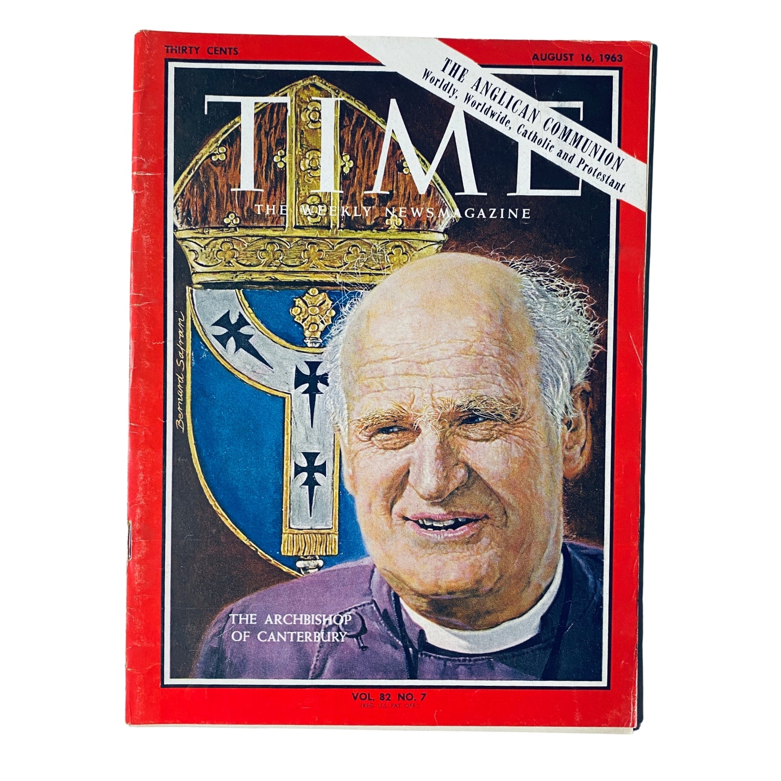 Time Magazine cover from August 16, 1963, Vol 82 No. 7 featuring Michael Ramsey, the Archbishop of Canterbury, highlighting his significance in the Anglican Church and themes of ecclesiastical modernity.