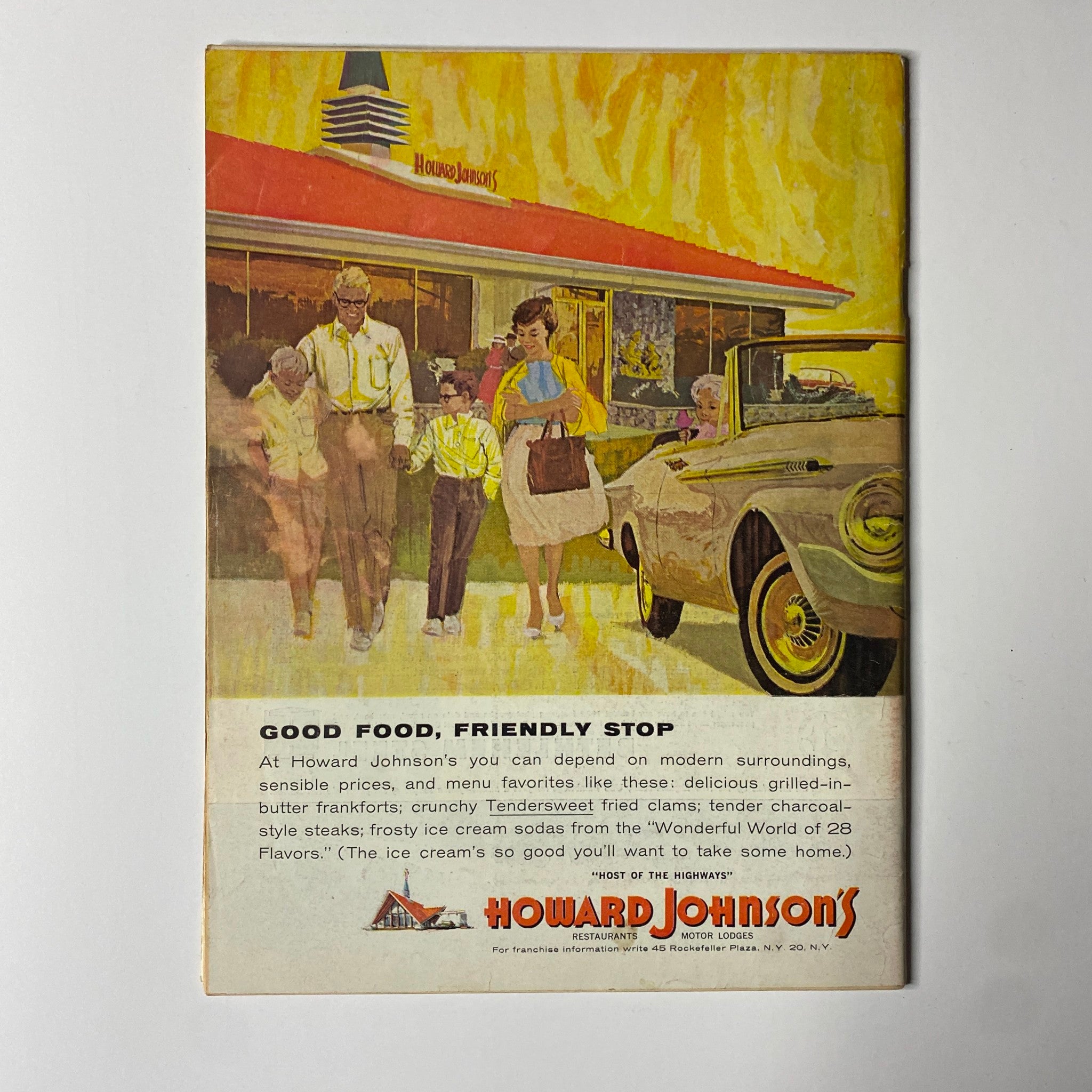 Vintage promotional advertisement for Howard Johnson's, showcasing a family approach to dining with a retro design, emphasizing good food and friendly service.