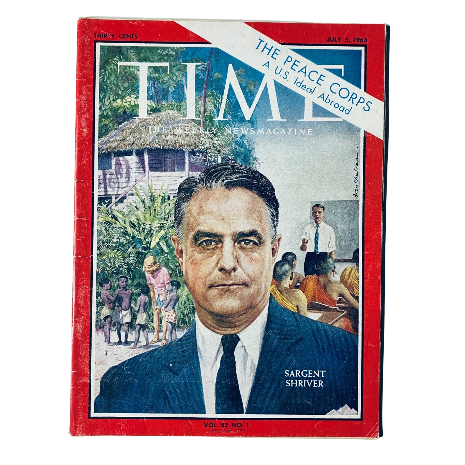 Time Magazine cover from July 5, 1963, Vol. 82 No. 1 featuring Sargent Shriver, the first Director of the Peace Corps, highlighting U.S. service efforts abroad.