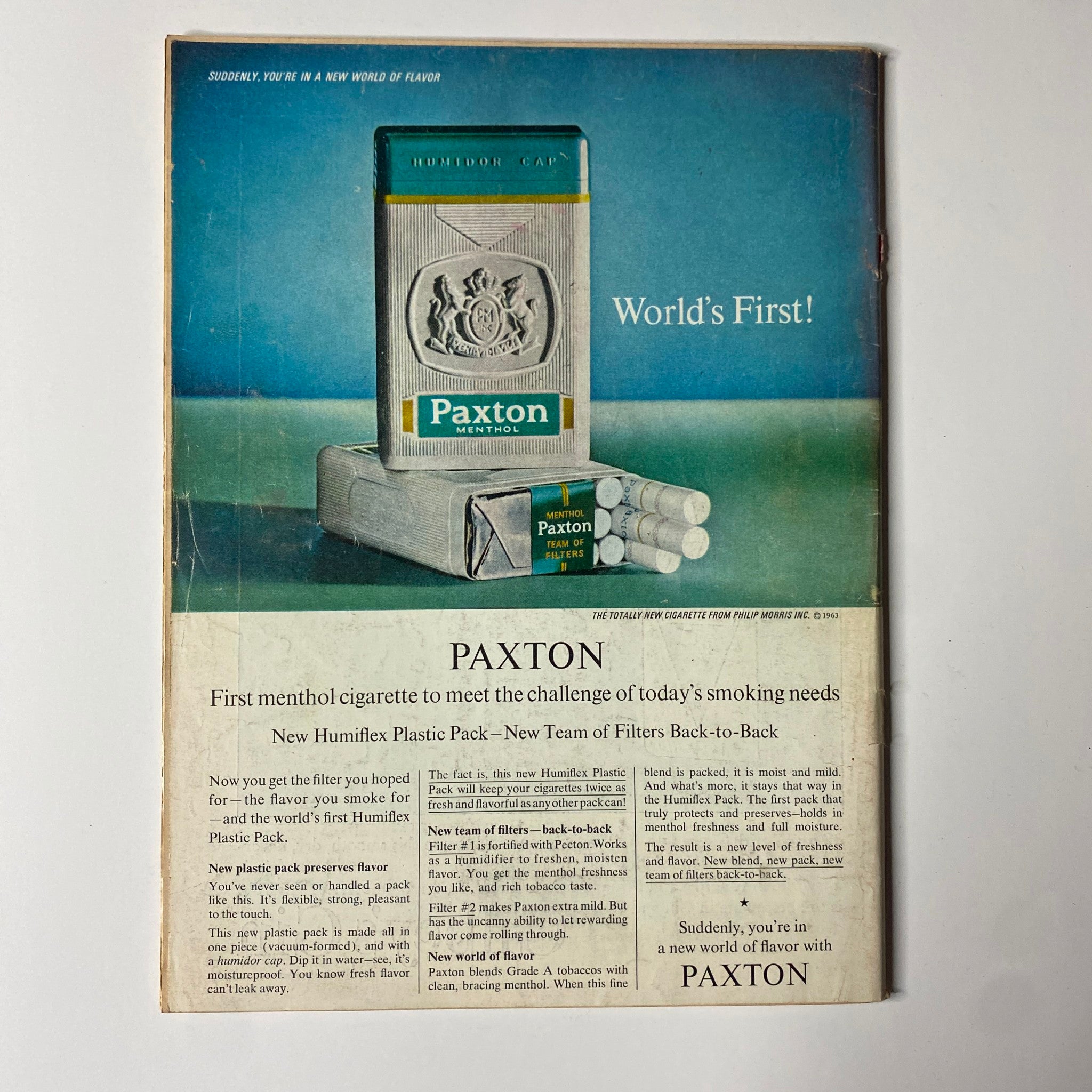 Back cover of Time Magazine from July 5, 1963, showcasing an advertisement for Paxton menthol cigarettes, emphasizing new Humiflex Plastic Pack technology.