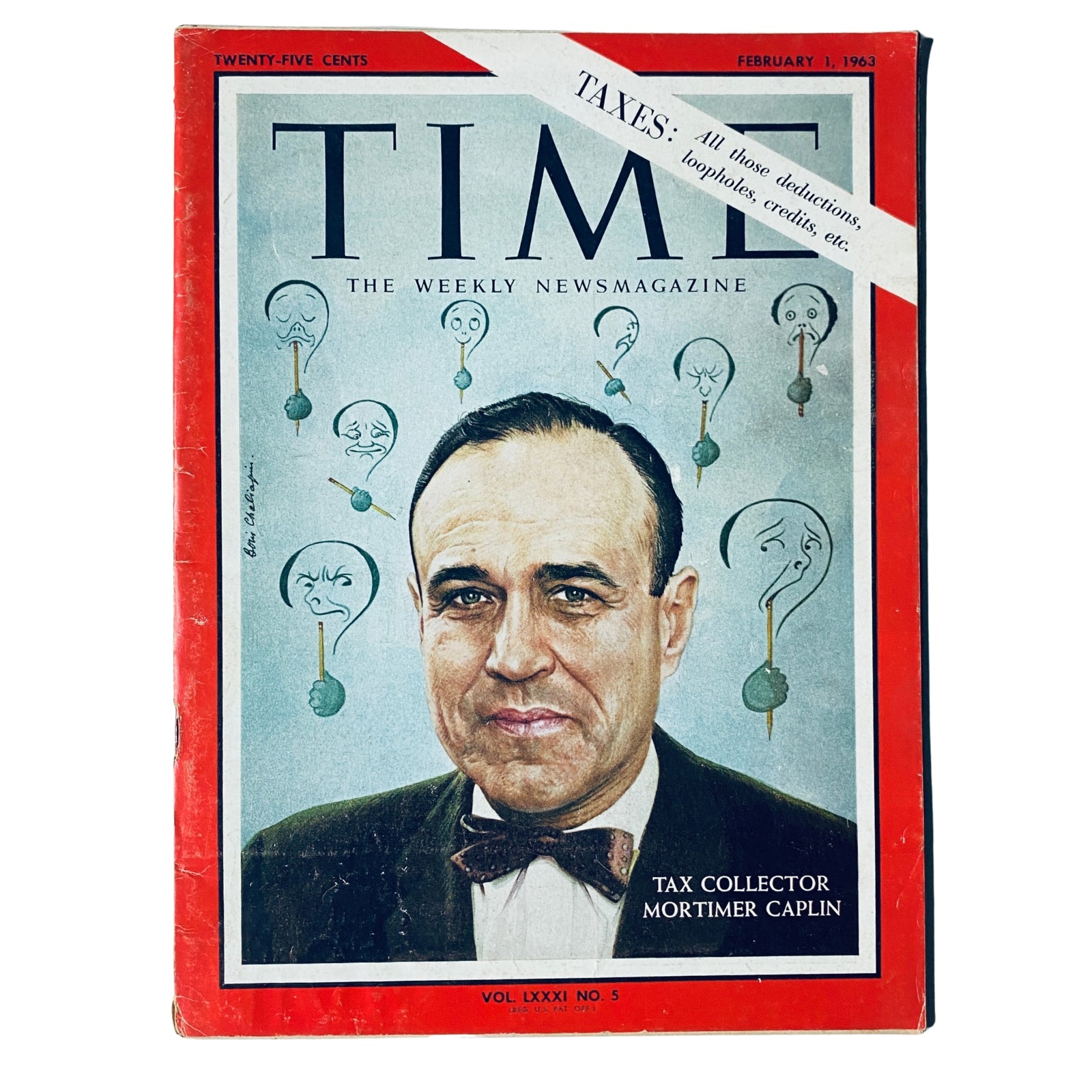 Time Magazine February 1, 1963 Vol 81 No. 5 featuring Mortimer Caplin on the cover, highlighting tax issues with illustrations of confused expressions related to taxes.