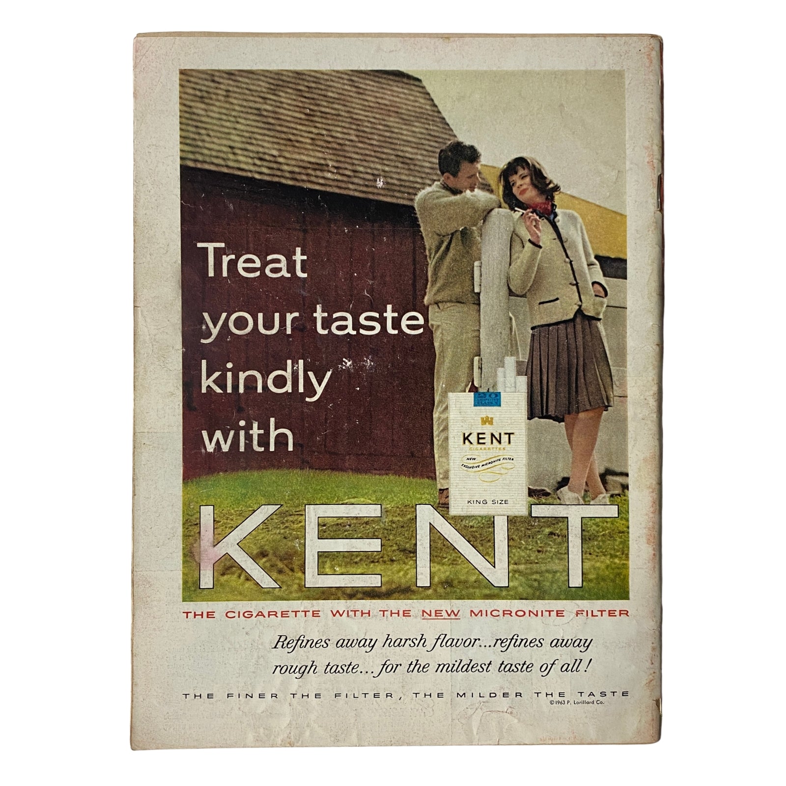 Vintage advertisement for Kent cigarettes featuring a couple outdoors with the tagline 'Treat your taste kindly with KENT,' emphasizing the new Micronite filter.