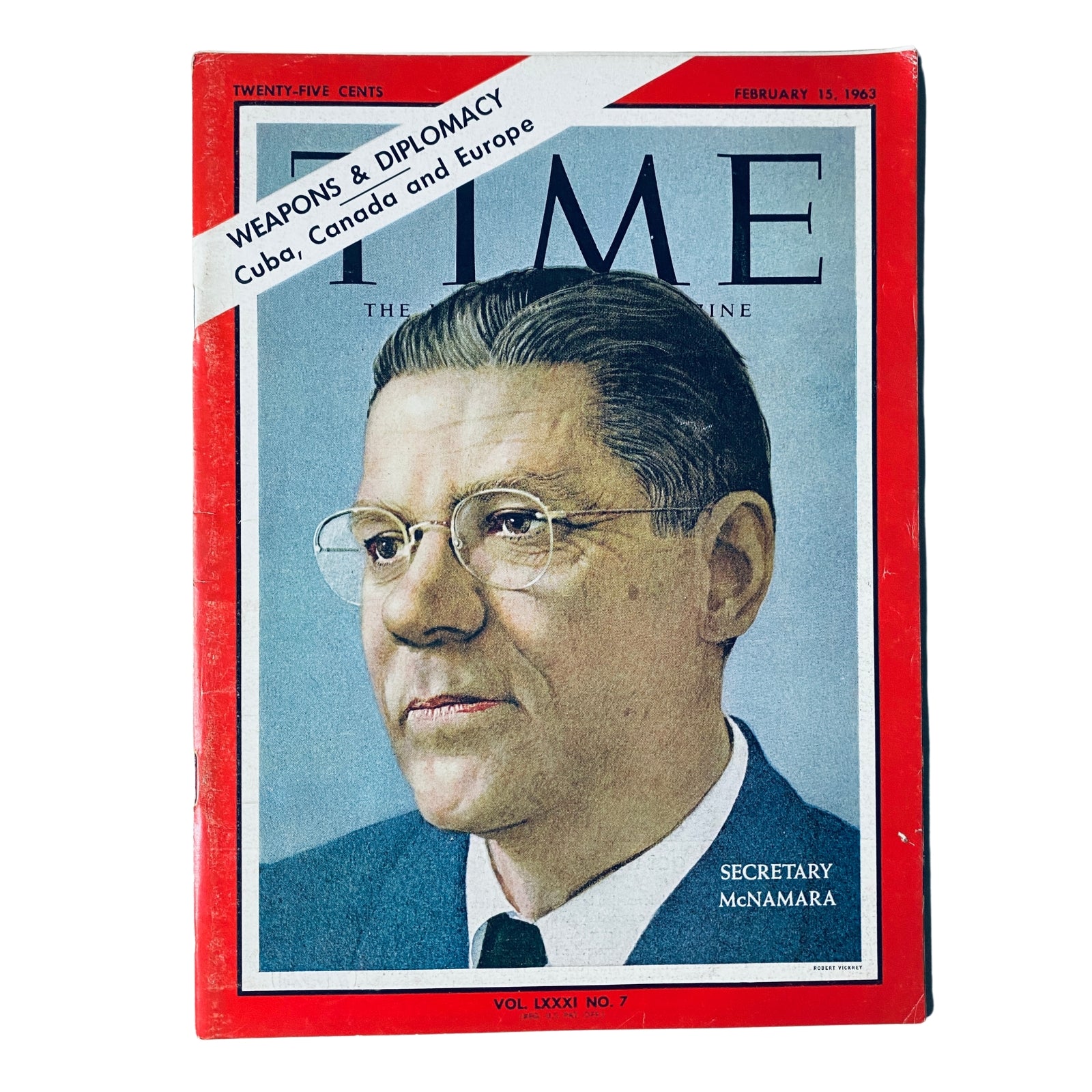 Time Magazine February 15, 1963 Vol 81 No. 7 featuring U.S. Secretary of Defense Robert McNamara on the cover, discussing weapons and diplomacy during the early Vietnam War period.