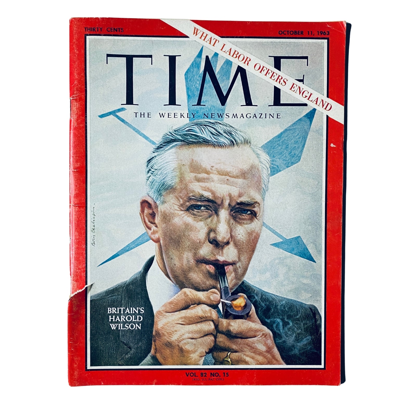 Time Magazine October 11, 1963 Vol 82 No 15 featuring British Labour Party leader Harold Wilson on the cover, showcasing his portrait and iconic pipe.