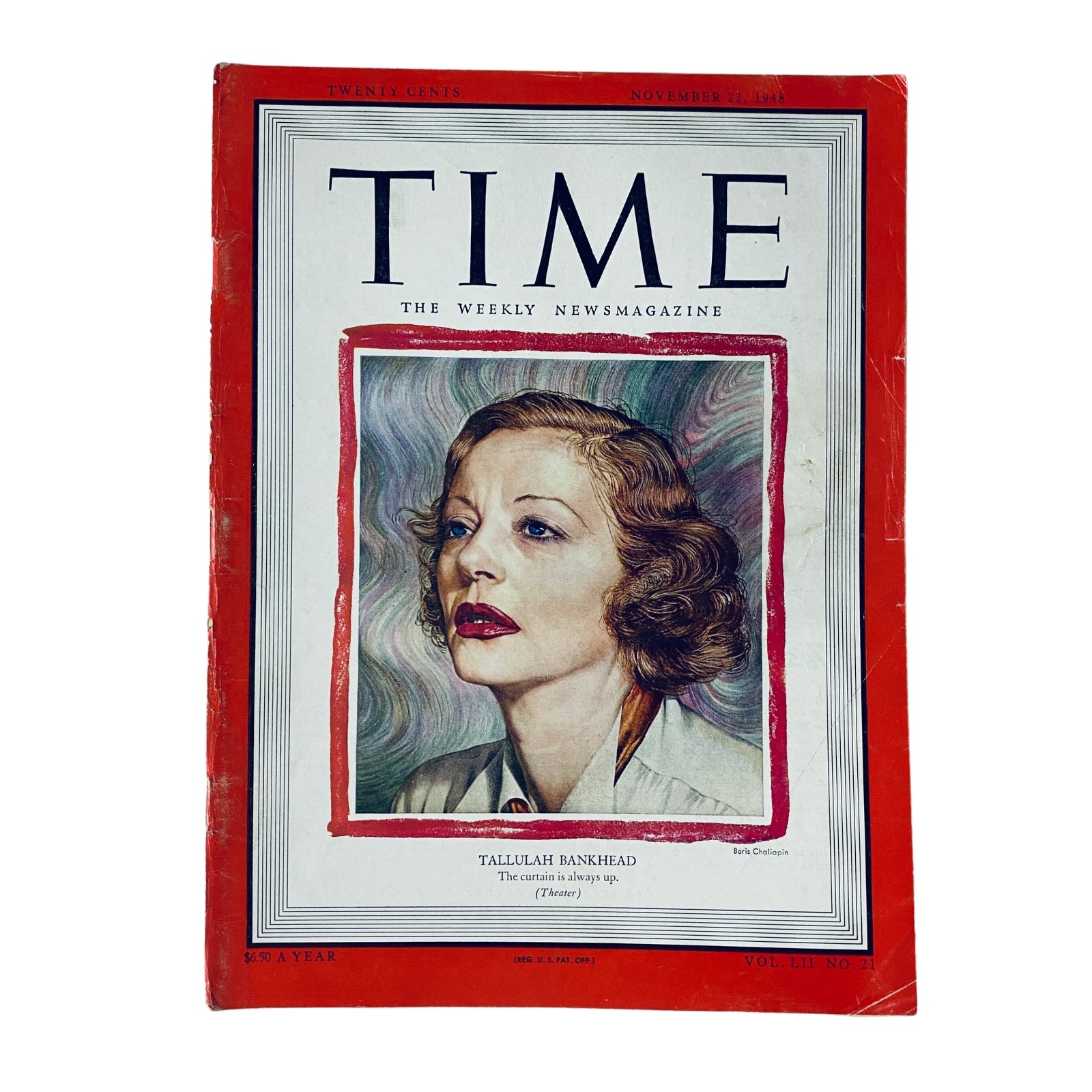 Time Magazine November 22, 1948 Vol 52 No. 21 featuring Tallulah Bankhead on the cover, showcasing a portrait of the actress with a colorful abstract background.