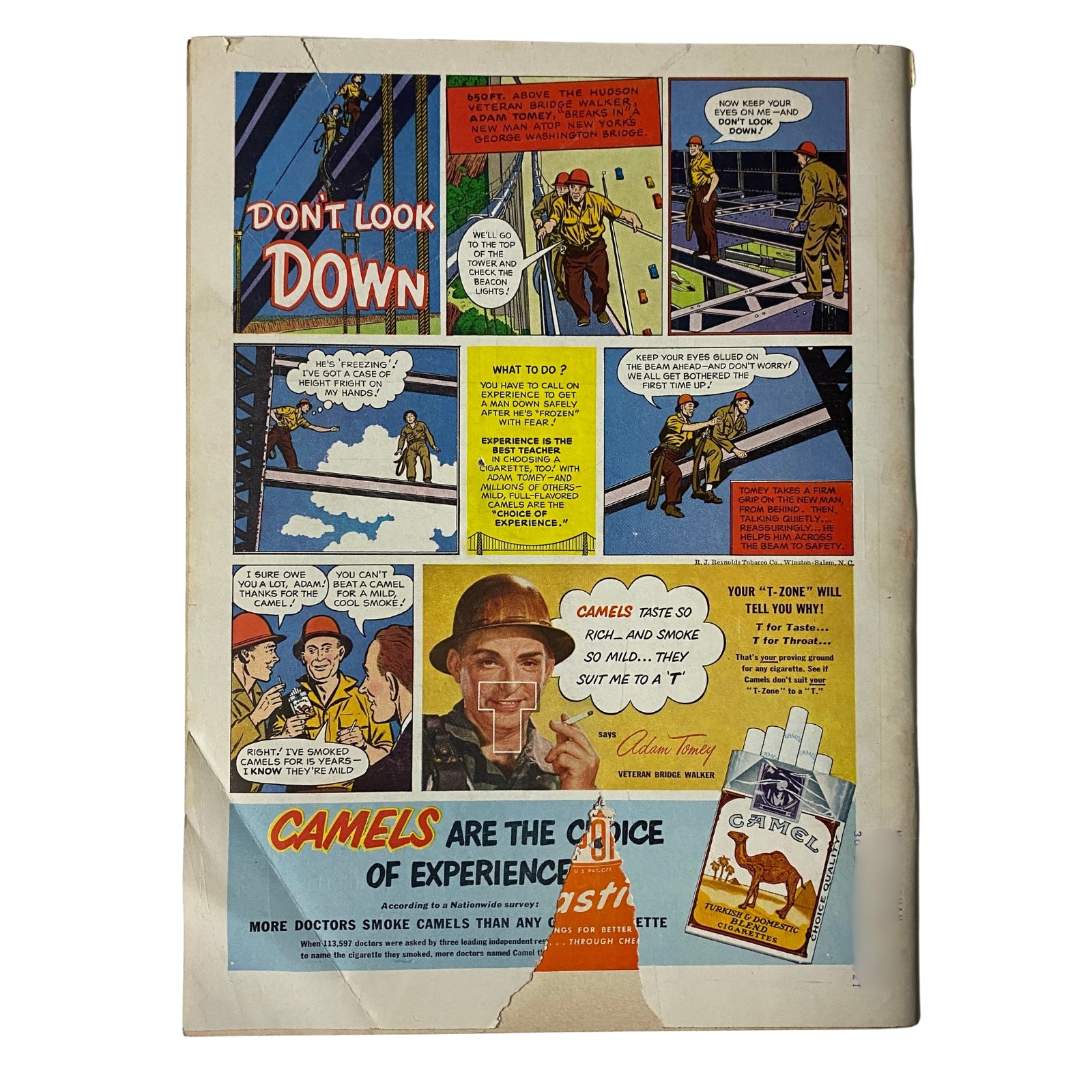 Back cover of Time Magazine November 22, 1948 Vol 52 No. 21, featuring a colorful comic-style advertisement highlighting safety measures for construction workers and promoting Camel cigarettes.