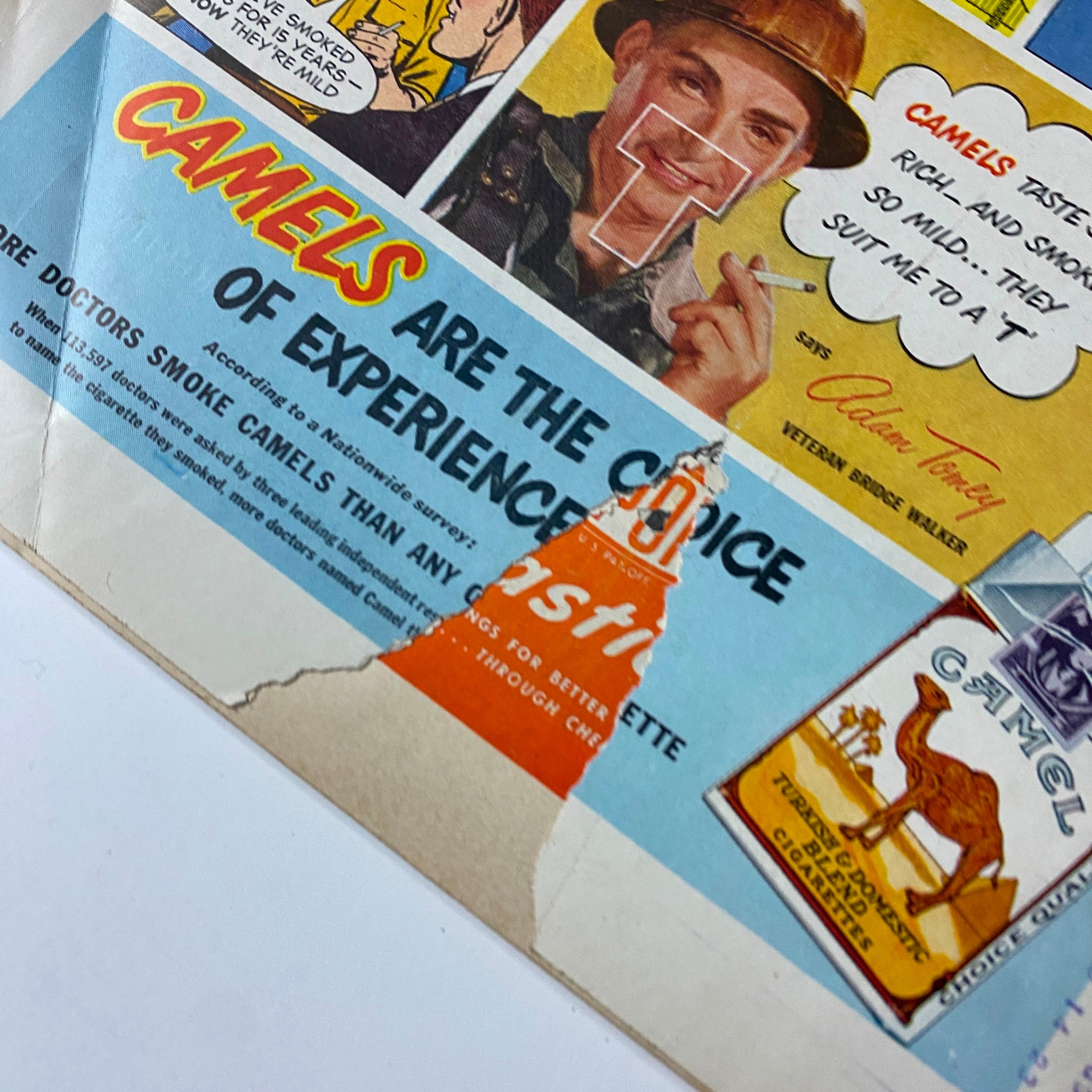 Vintage advertisement for Camel cigarettes featuring the slogan 'Camel are the choice of experience', from the Time Magazine November 22, 1948, Vol 52 No 21, with depictions of a soldier and other graphics.