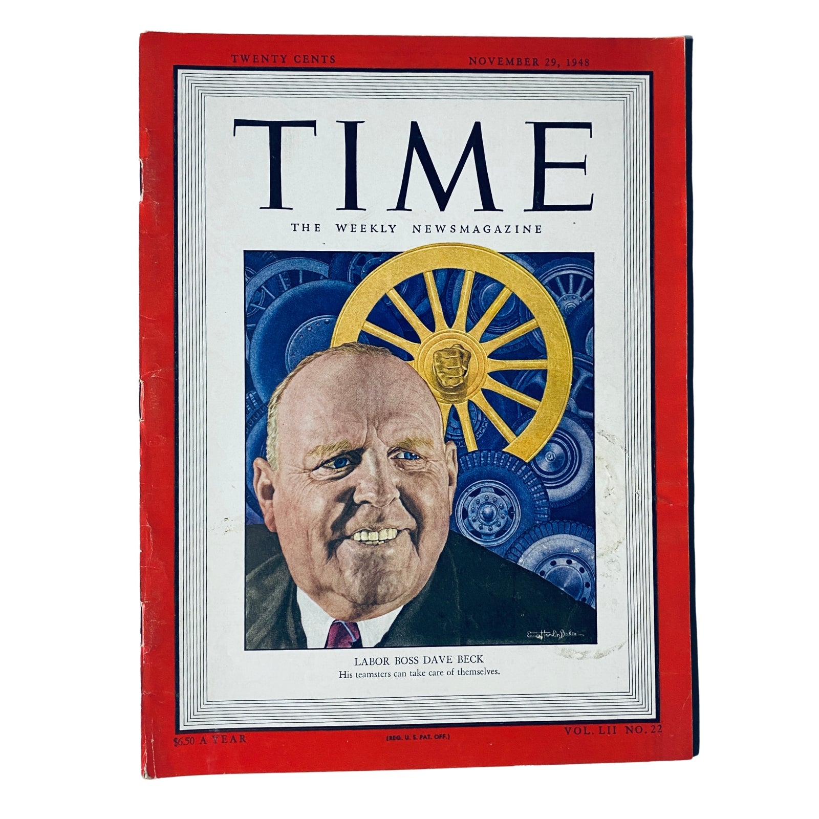 Cover of Time Magazine November 29, 1948 Vol 52 No. 22 featuring labor leader Dave Beck with a background of gears and wheels, illustrating his significance in the Teamsters Union.