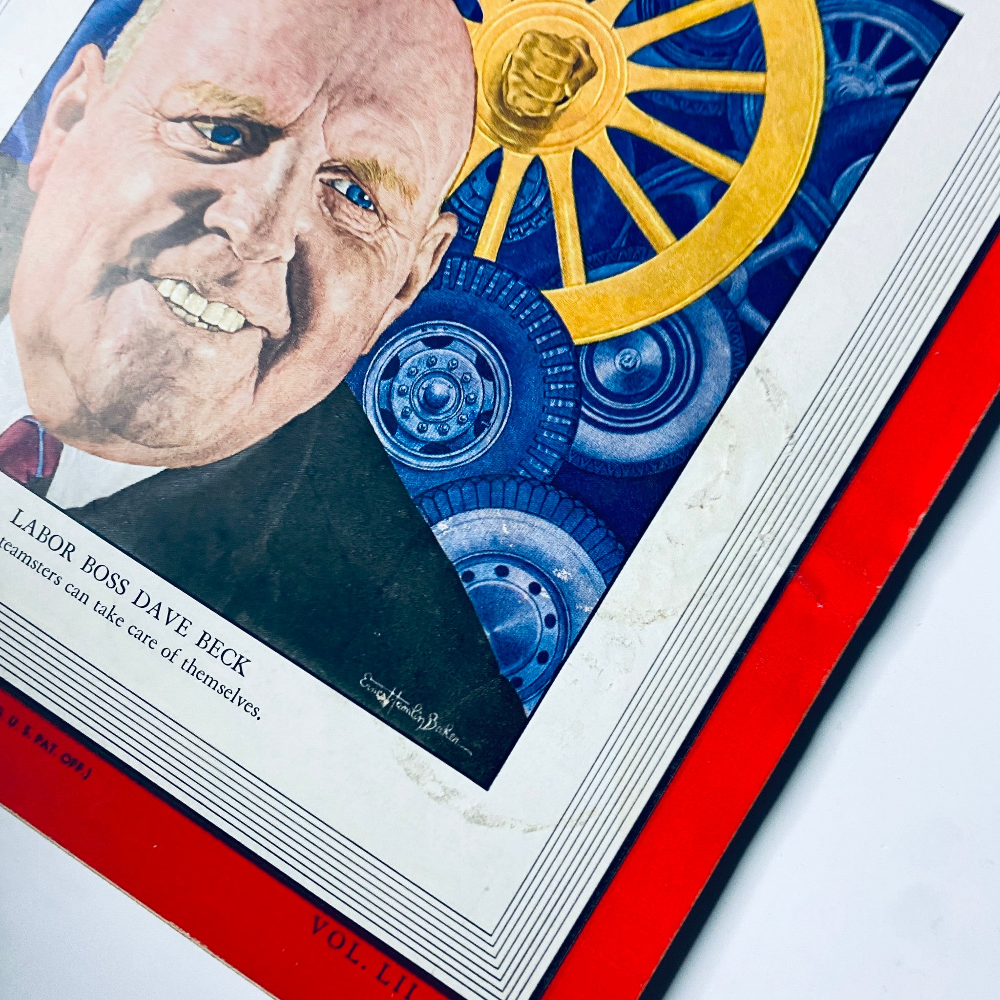 Close-up view of the Time Magazine cover from November 29, 1948 Vol 52 No. 22 highlighting labor boss Dave Beck and the cover art featuring gears and a golden wheel.