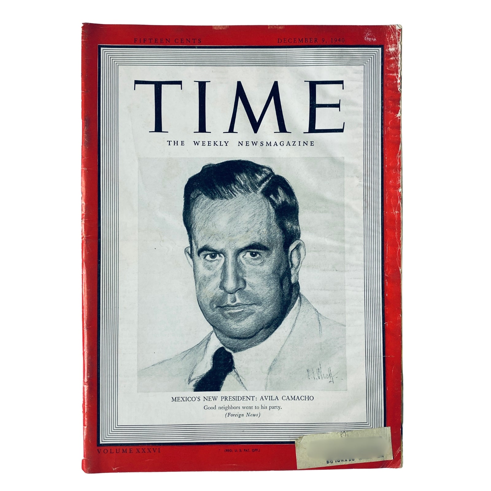 Cover of Time Magazine December 9, 1940 Vol 36 No. 24 featuring Manuel Ávila Camacho, the President-elect of Mexico, with a portrait illustration and the headline 'Mexico's New President: Avila Camacho'.