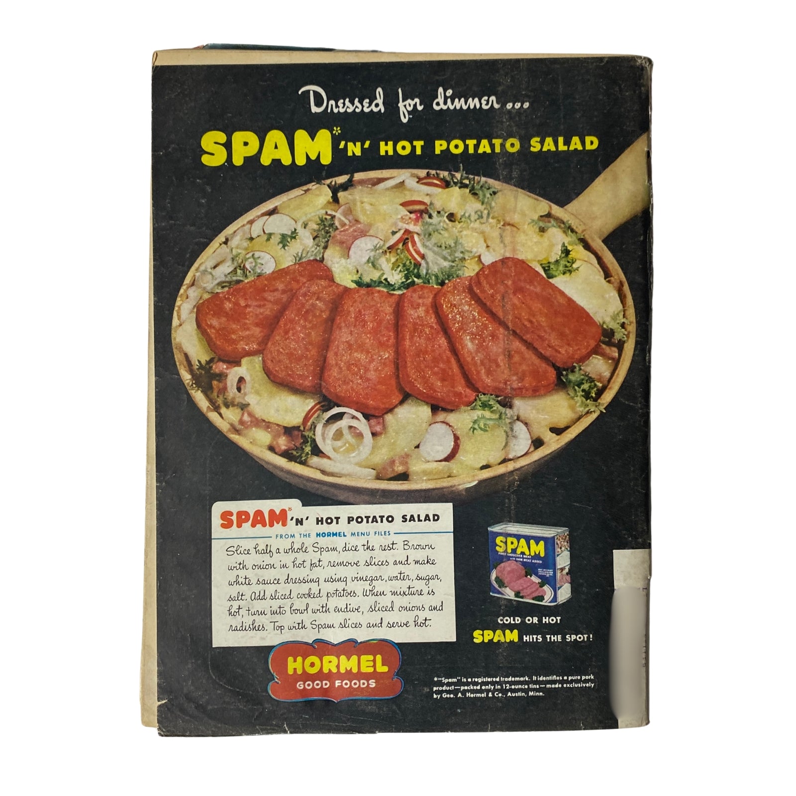 Back cover of a vintage magazine advertising SPAM 'n' Hot Potato Salad recipe, emphasizing Hormel Foods and a delicious dinner option.