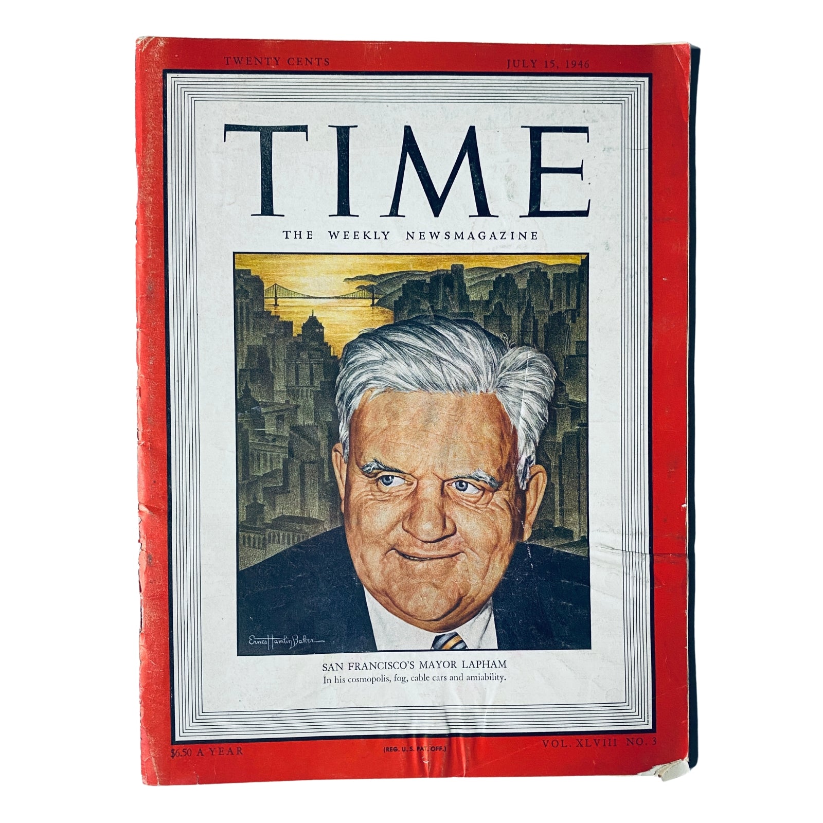 Cover of Time Magazine dated July 15, 1946, Vol. 48 No. 3 featuring Roger D. Lapham, Mayor of San Francisco, illustrated portrait with a city skyline background.