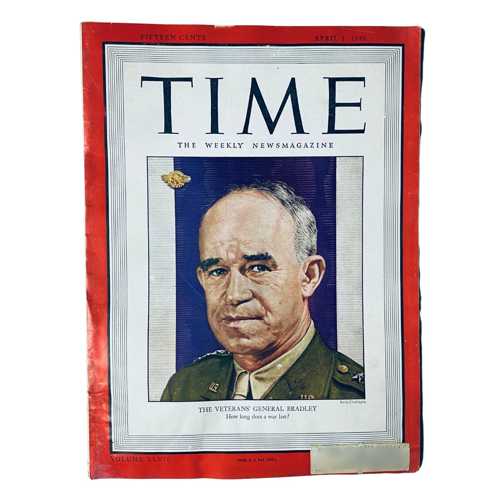 Time Magazine cover from April 1, 1946, featuring General Omar Bradley, titled 'The Veteran's General,' showcasing an image of Bradley in uniform.