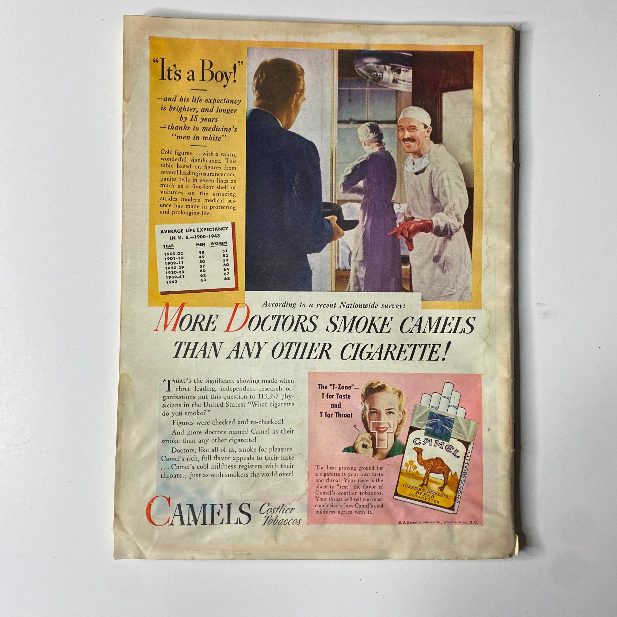 Vintage advertisement from Time Magazine, promoting Camel cigarettes with the phrase 'More Doctors Smoke Camels than Any Other Cigarette!'