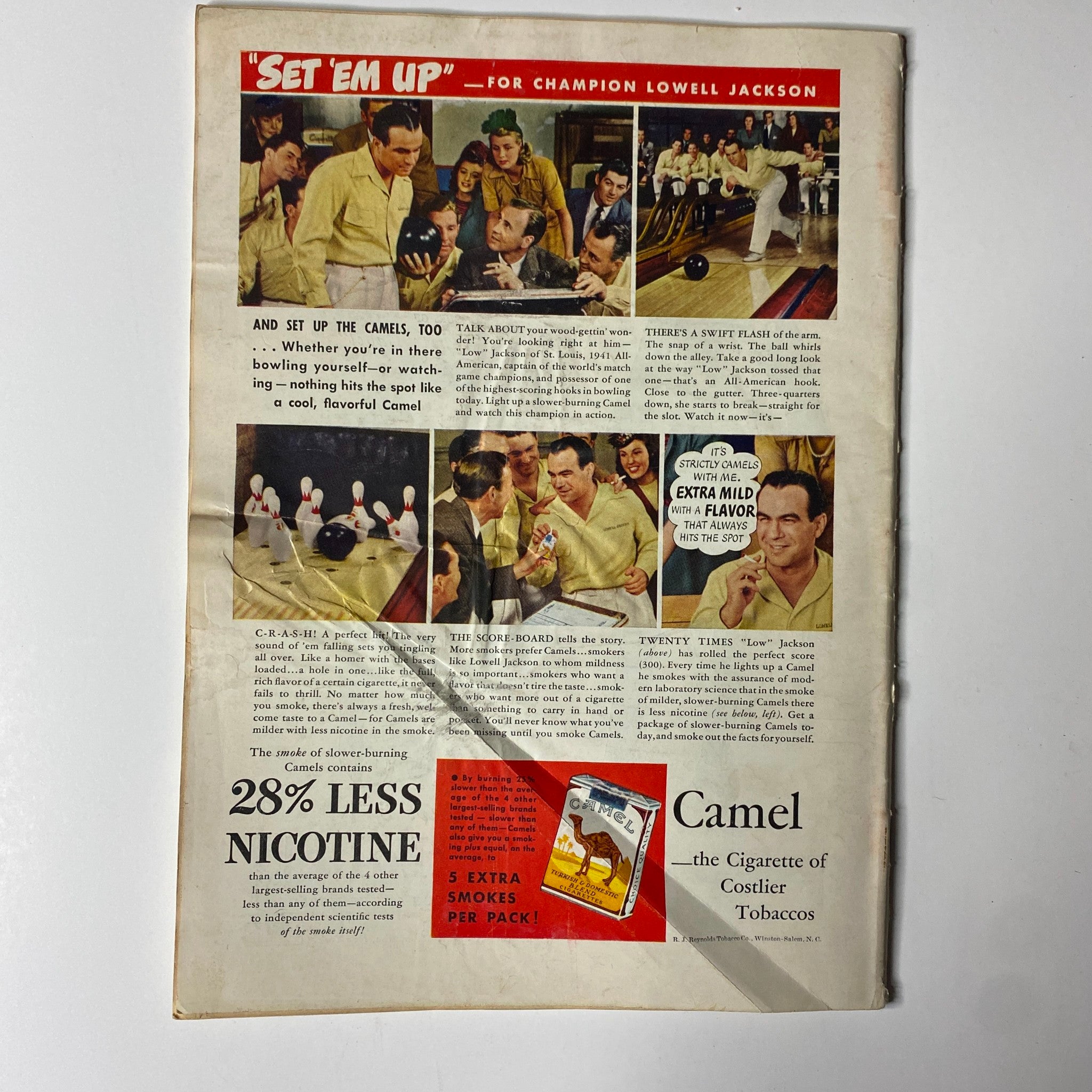 Vintage advertisement for Camel cigarettes from Time Magazine, showcasing champion bowler Lowell Jackson, promoting the slogan 'Set 'Em Up!'