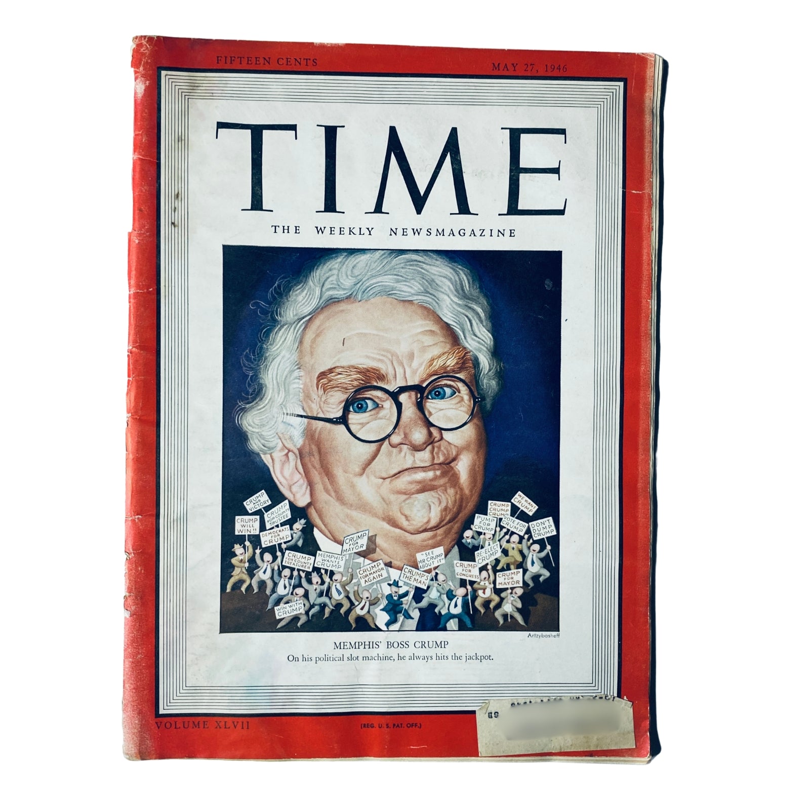 Time Magazine cover from May 27, 1946, Vol 47 No. 21 featuring Edward H. Crump, a prominent political boss in Tennessee, depicted with a humorous illustration. The magazine's title is prominently displayed at the top.