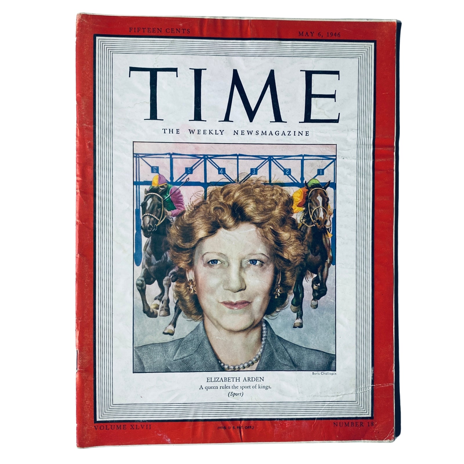 Time Magazine May 6, 1946 Vol 47 No 18 featuring Elizabeth Arden on the cover, illustrating her prominence in the beauty industry, with a colorful depiction of horse racing in the background and the tagline 'A queen rules the sport of kings.'