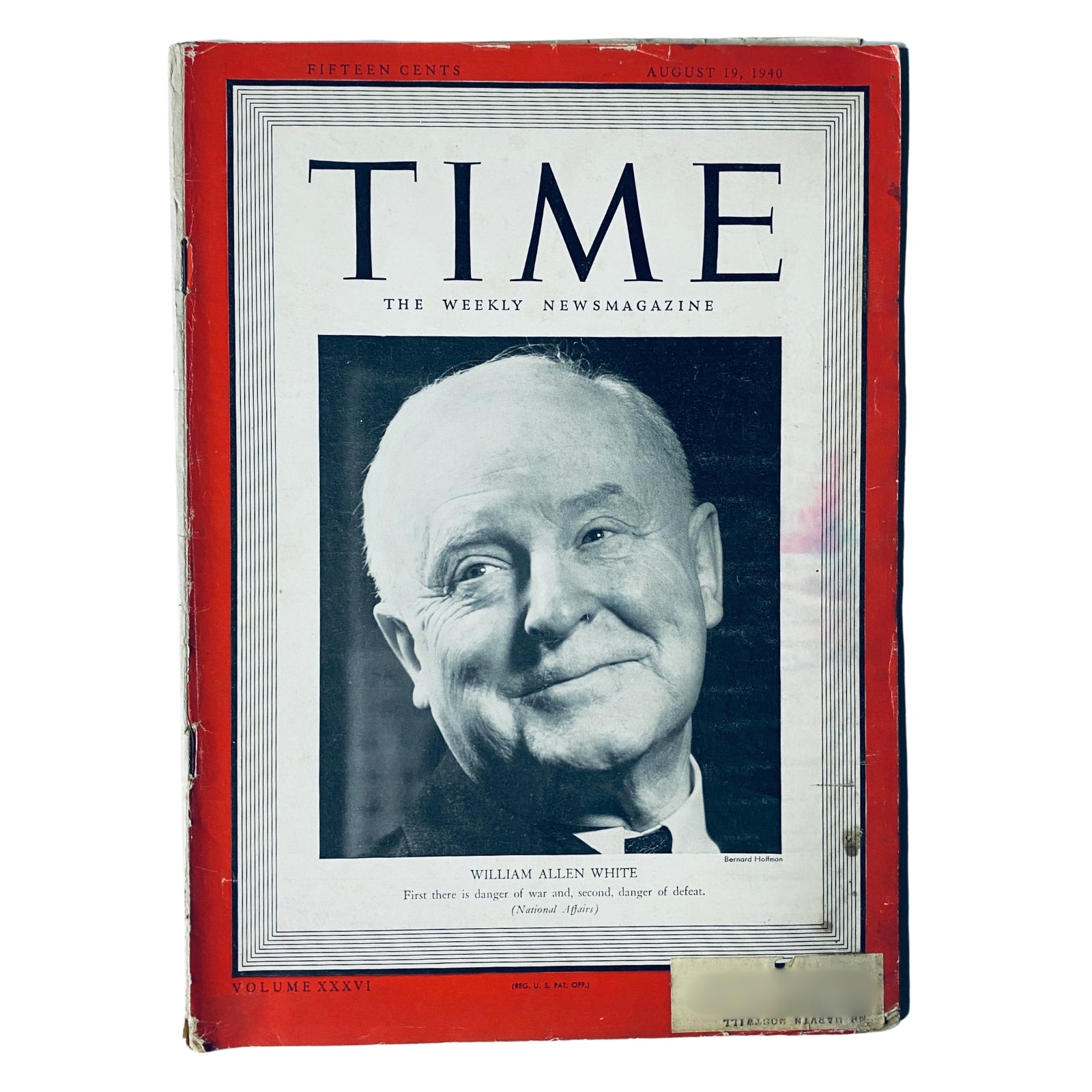 Time Magazine August 19, 1940 Vol 36 No. 8 featuring journalist William Allen White on the cover, showcasing vintage design and historical significance.
