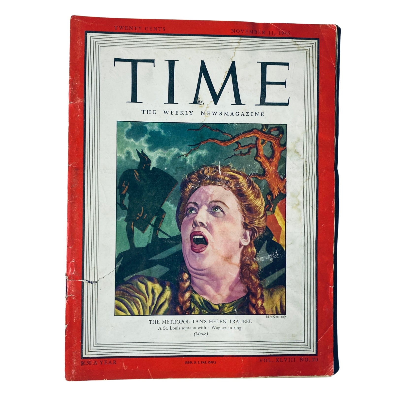 Time Magazine cover from November 11, 1946, Vol. 48 No. 20 featuring soprano Helen Traubel, depicted with dramatic artwork showcasing her powerful expression and Wagnerian themes.